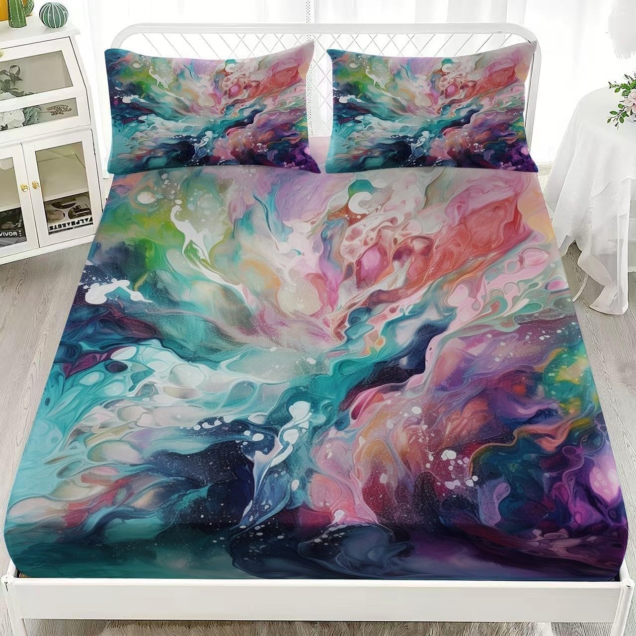 Colorful Art Single Fitted Sheet Iridescent Bed Sheets Deep Pocket 12 inch (30 cm) Soft Cozy 3 Piece Microfibre Bed Sheet 90x190 cm with 2 Pillowcases 50x75 cm