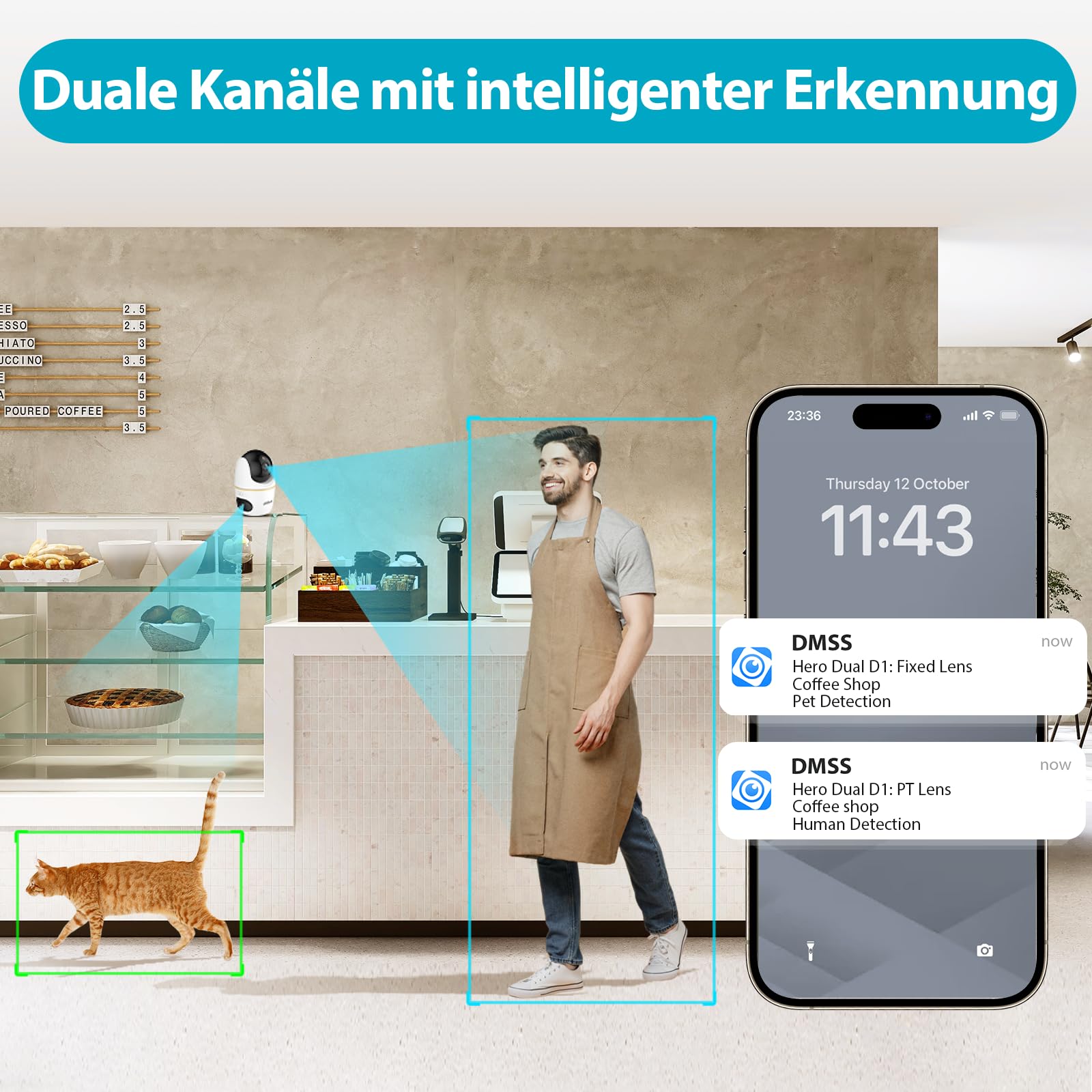 Dahua Dual-Lens Pan Tilt Innenkamera 3+3MP, 2.4/5GHz WLAN, KI Personen-/Tiererkennung, Farbnachtsicht, Automatische Verfolgung, 2-Wege-Audio + Sirene, Privat-Modus, H3D，Baby & Haustier