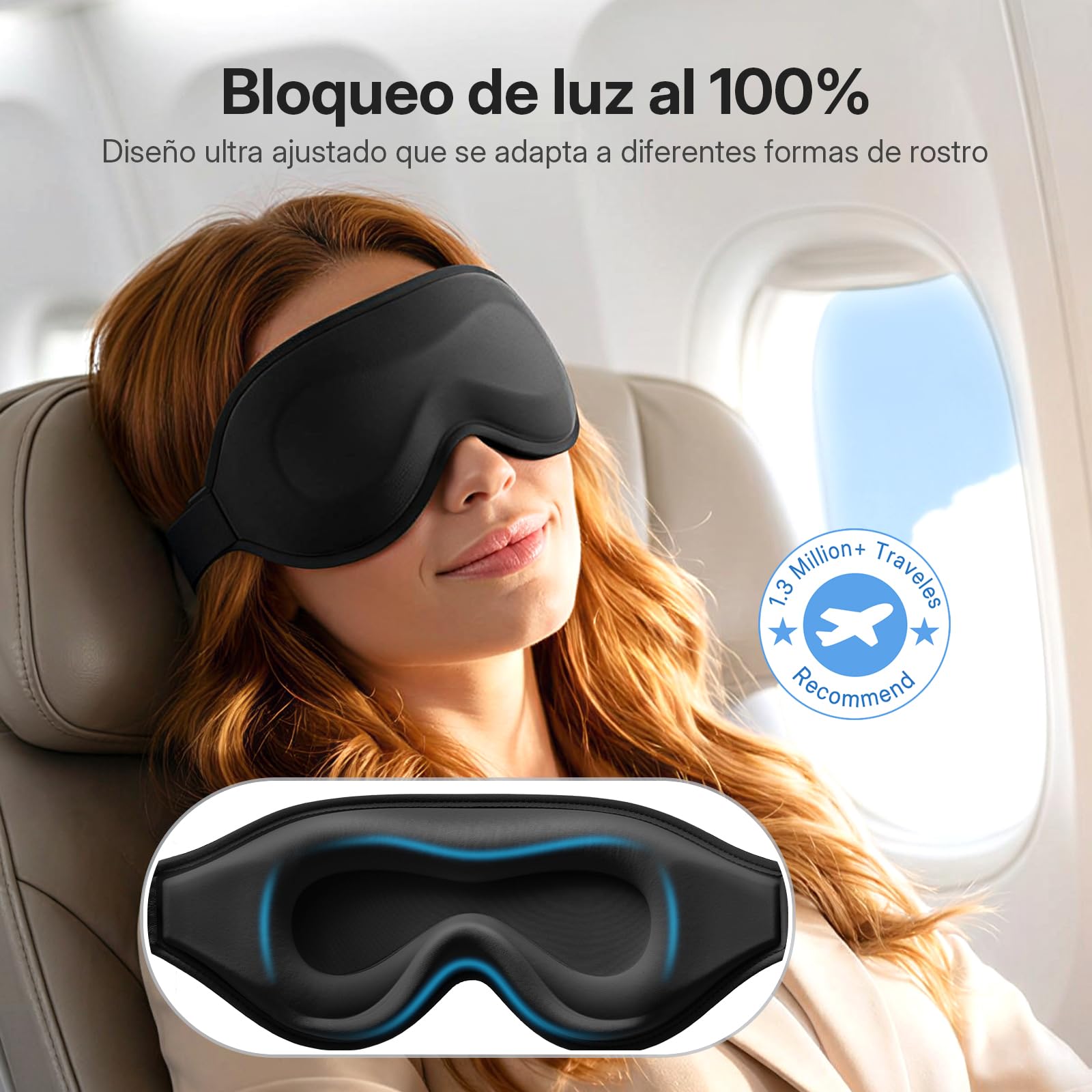 LitBear Antifaz para Dormir 3D para Dormir de Lado para Mujer y Hombre, Máscara de Sueño con Bloqueo Total de la Luz, Cavidades Oculares Extra Profundas, Transpirable, con Banda Ajustable, Negro