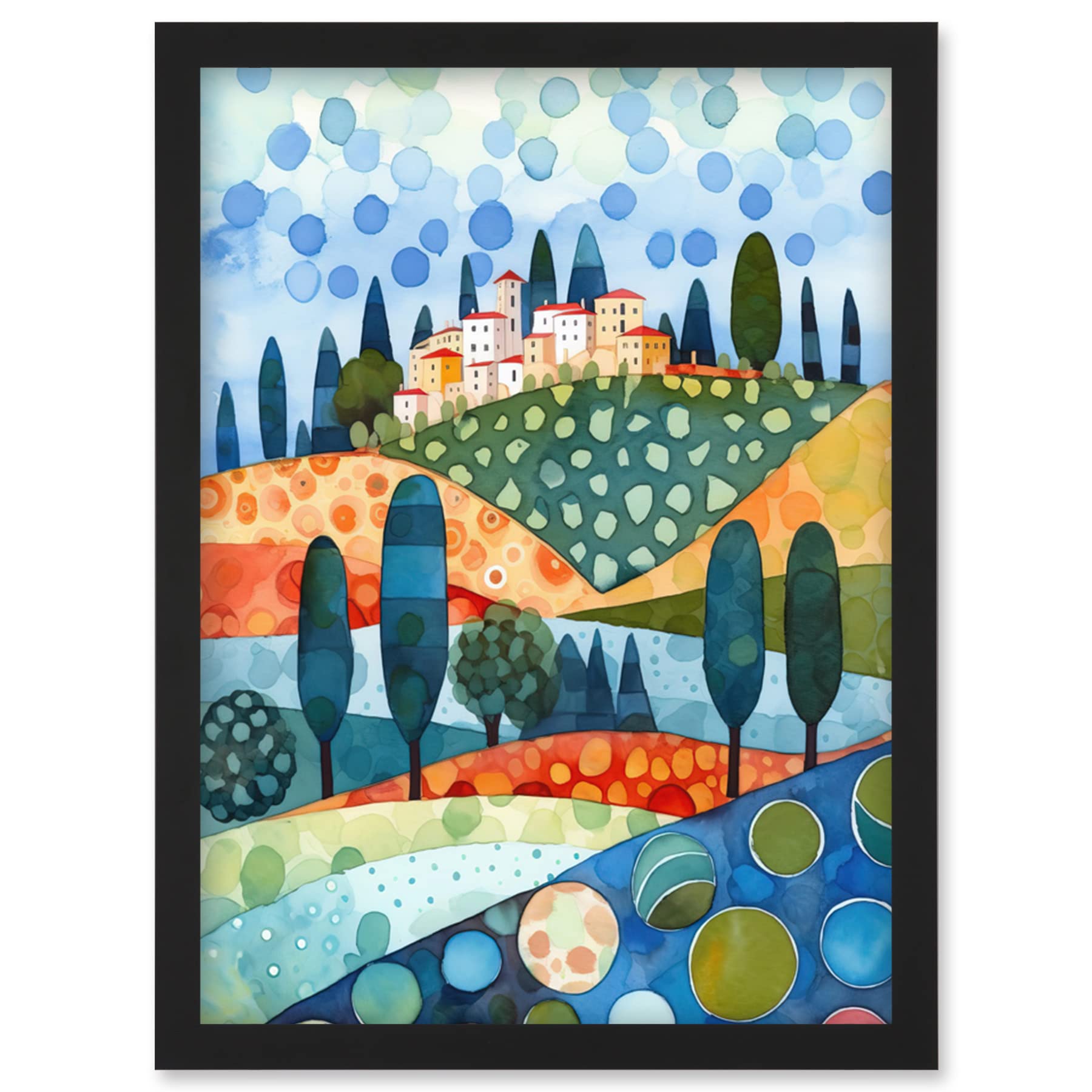 Italian Abstract Landscape Folk Art Artwork Framed Wall Art Print - A4 Size - Artery8