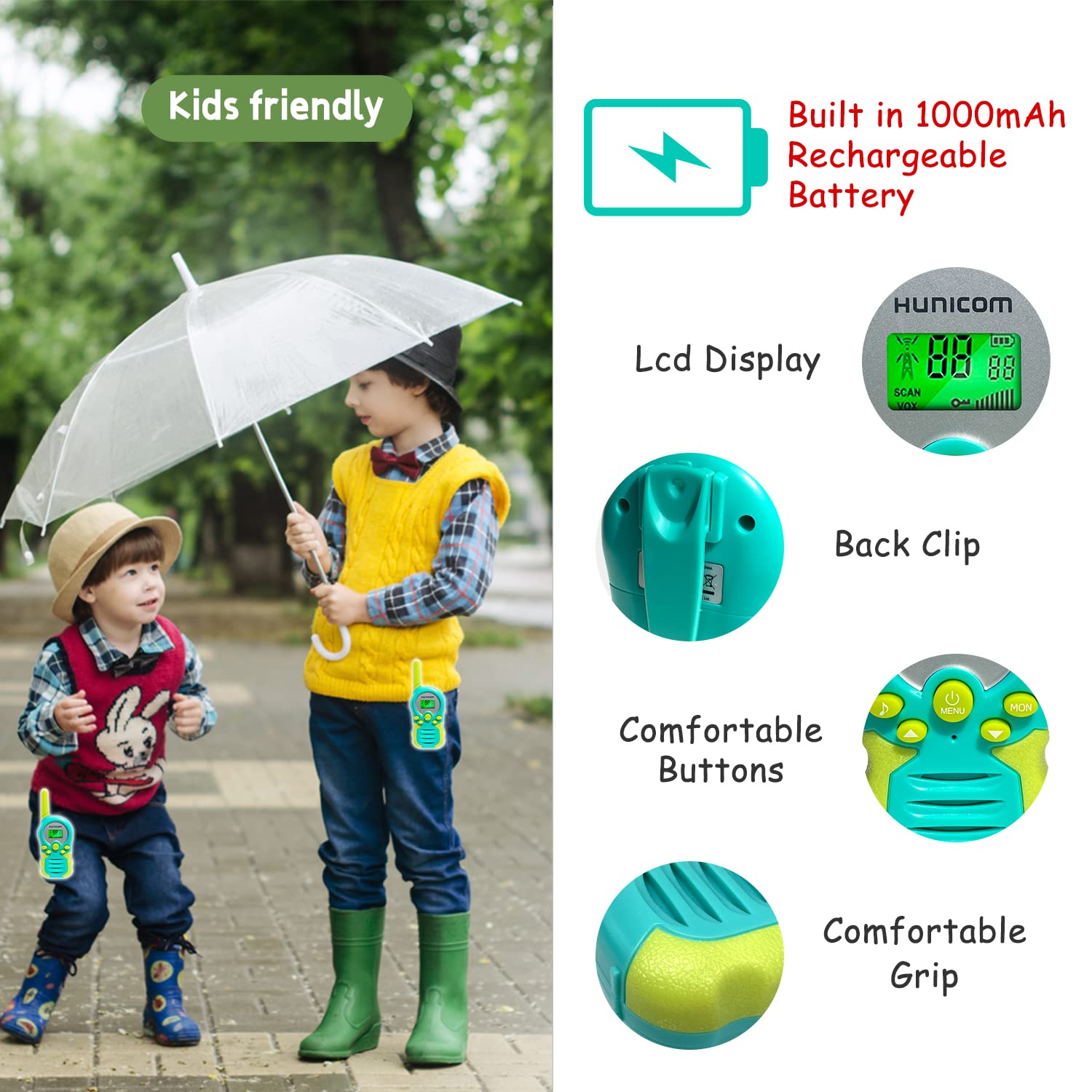 Talkie-walkie rechargeable pour enfants – Jouets électroniques pour garçons et filles, cadeaux d'anniversaire, radio bidirectionnelle avec lampe de poche, écran LCD VOX (rechargeable cyan)