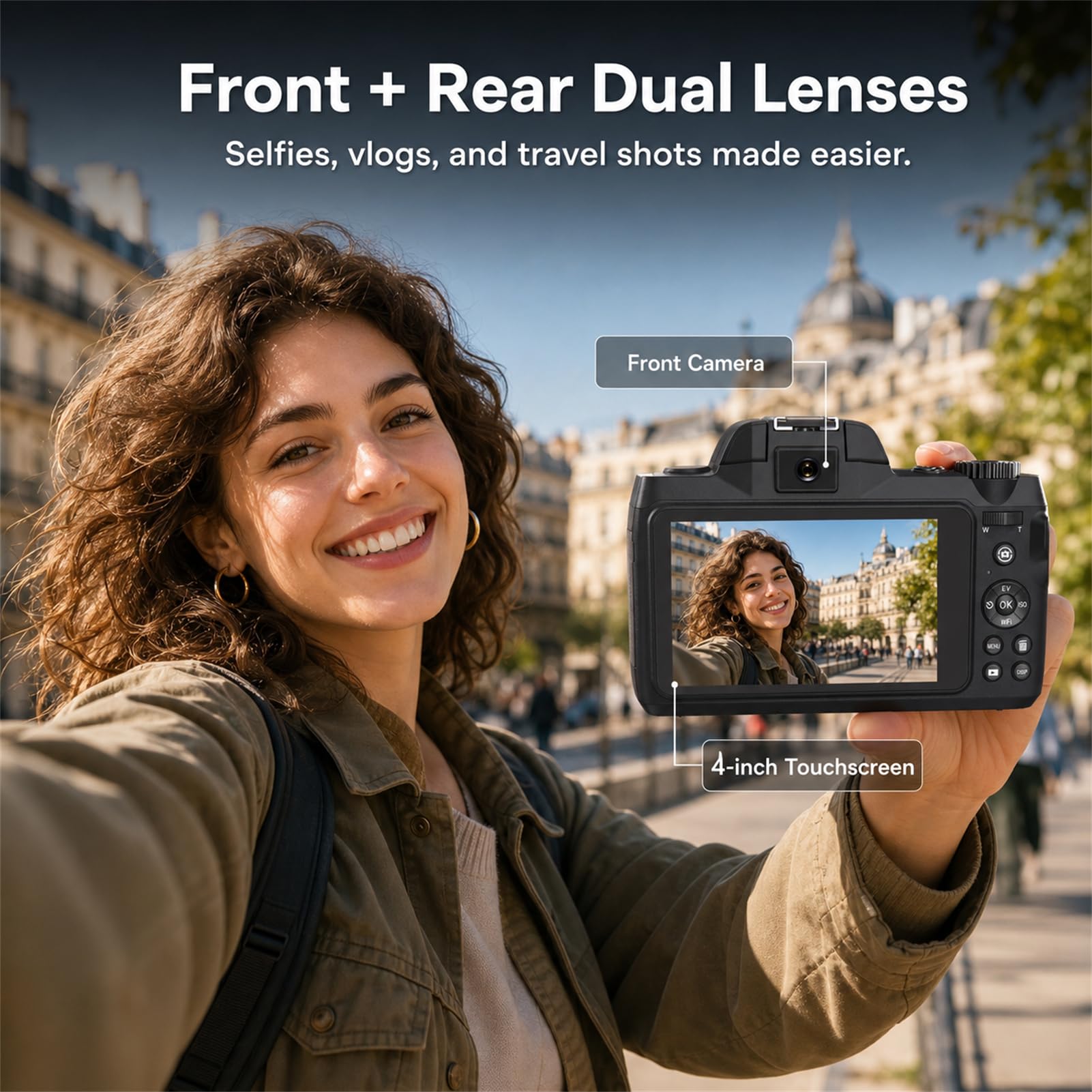 Cámara digital 5K para fotografía, cámara de vlogging de enfoque automático de 64 MP para video de YouTube con lente frontal y trasera, flash, cámara de viaje con pantalla táctil de 4 pulgadas