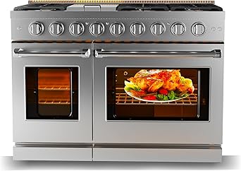 48 Inch Gas Range, Full Gas Freestanding Range with 6 Sealed Burners Cooktop & Cast Iron Grates & 7 Cu.Ft. Double Convection Oven, Stainless Steel Gas Range Stove for RV, Silver