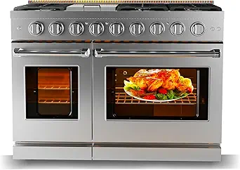 48 Inch Gas Range, Full Gas Freestanding Range with 6 Sealed Burners Cooktop & Cast Iron Grates & 7 Cu.Ft. Double Convection Oven, Stainless Steel Gas Range Stove for RV, Silver