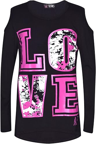 Girls Love Crop Top T-Shirt And Splash Fashion Leggings Girls Pants Kids Outfit Sets Age 5-14 Years(Black Shoulder Cut,13 Years)