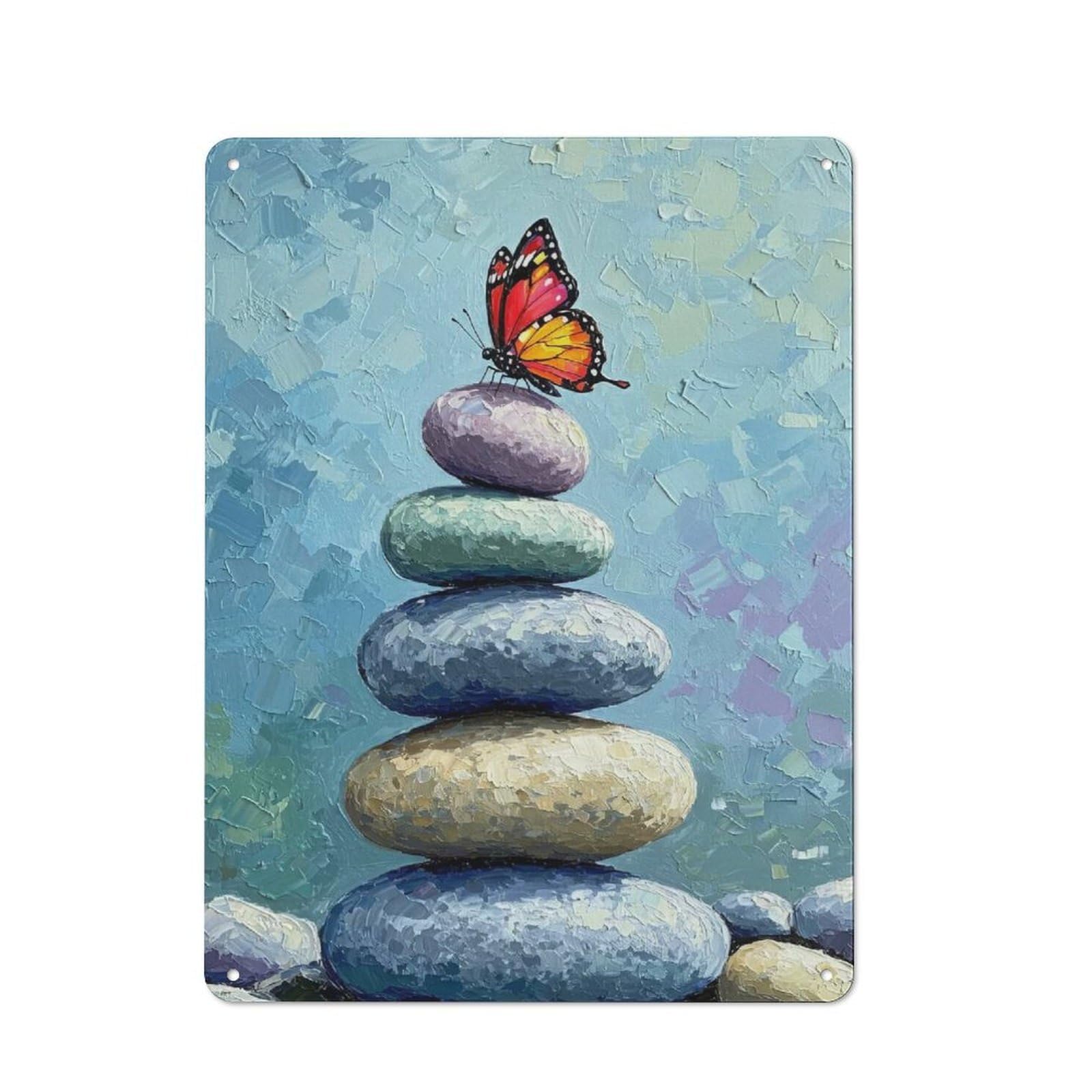 Junmoney Butterfly On Stacked Stones Painting Metal Plaque 40X30cm With For Hallway Wall, Rustic Decor, For Garage, Workshop And Man Cave Decoration