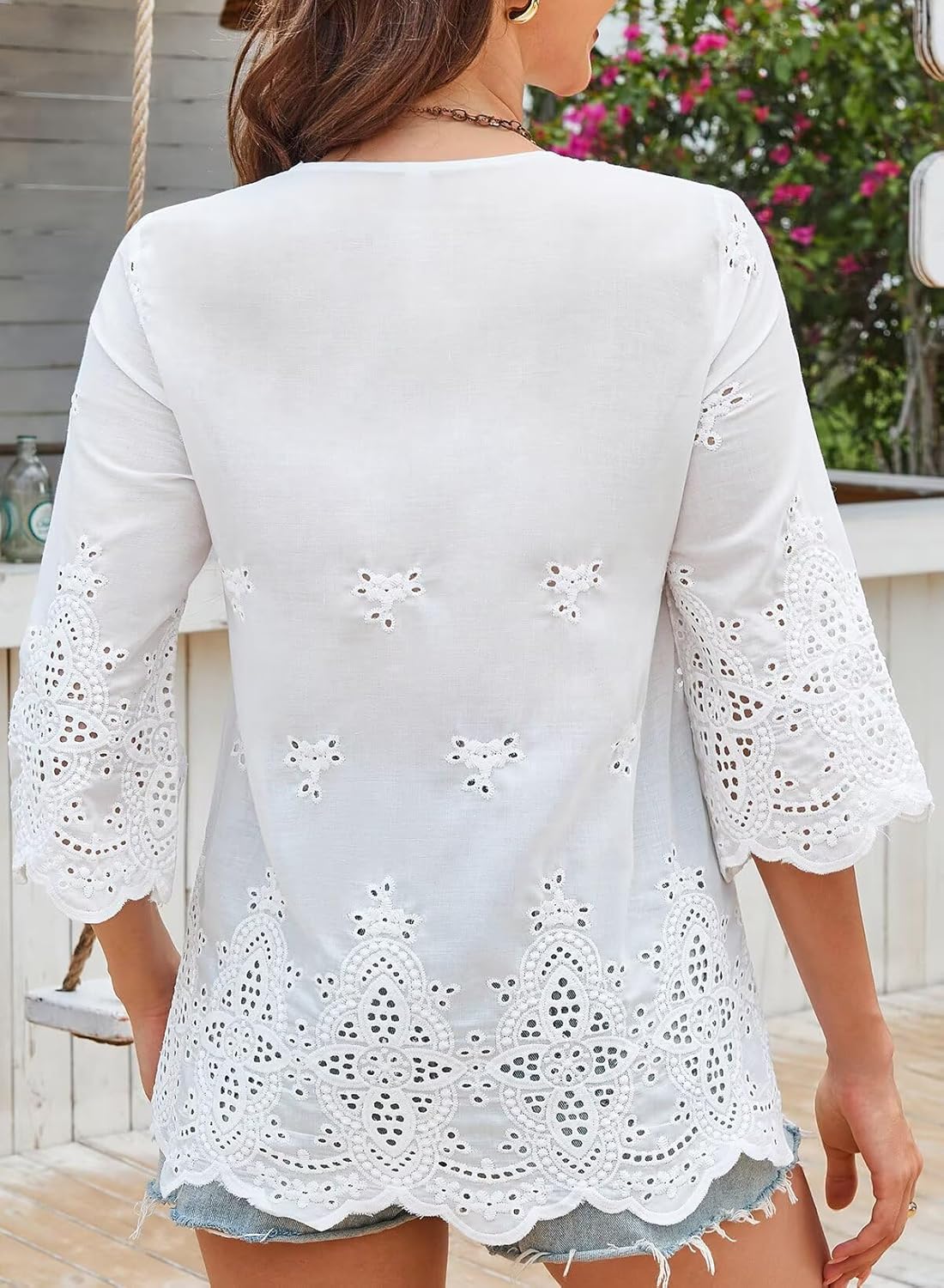 Womens Tops 3/4 Length Sleeve Eyelet Blouse Peasant Flowy Boho Top Hollow Out Embroidered Notch V Neck Shirts - Image 5