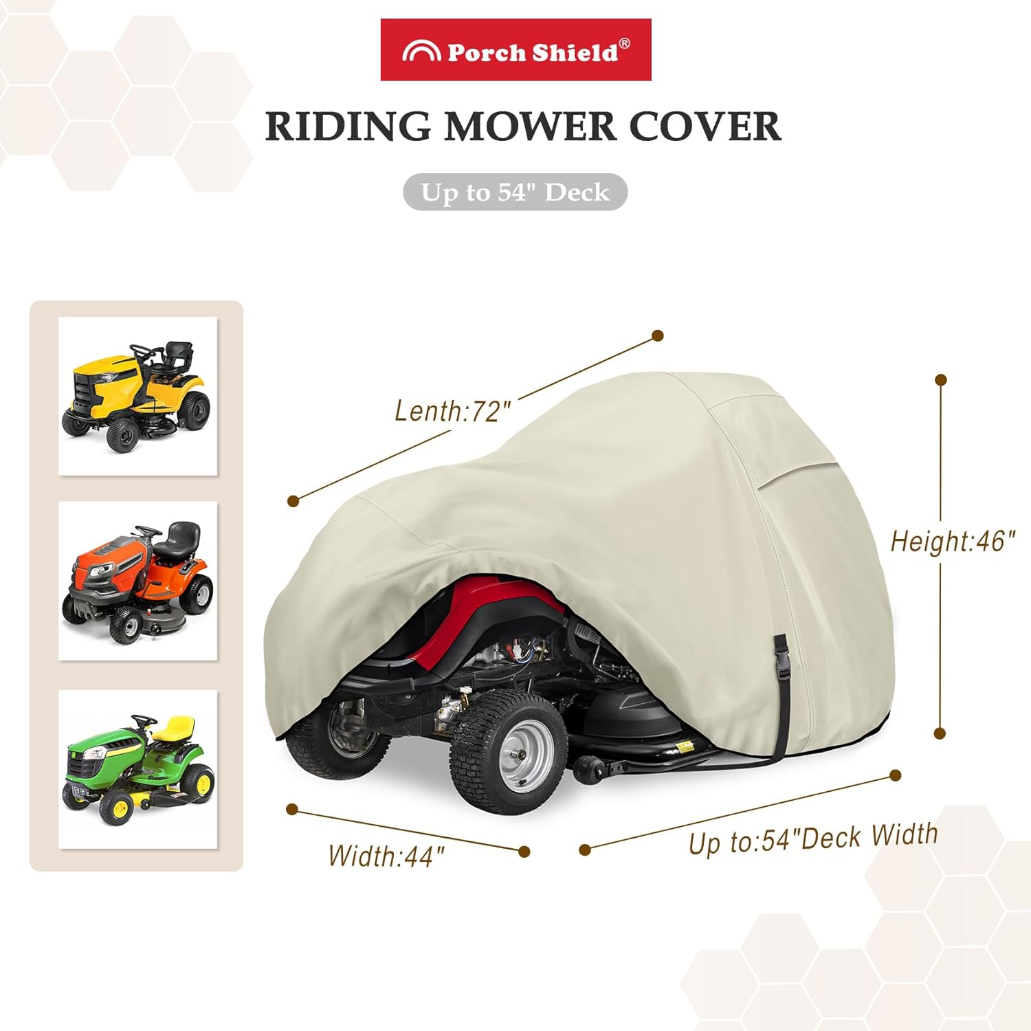 porch shield heavy duty 600d polyester lawn tractor cover, water-resistant universal riding lawn mower cover (up to 54 inches decks, light tan) tractor-tan up to 54 inches