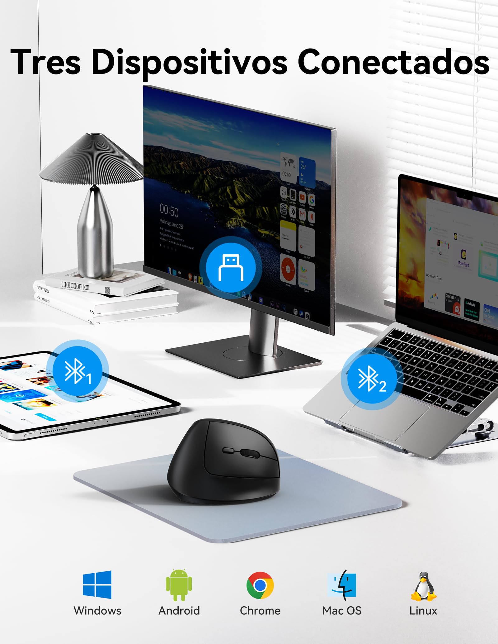 TECKNET Ratón Bluetooth Ergonómico, Ratón Vertical con 3 Modos de Conexión | BT 5.0/3.0+2.4G Ratón Inalámbrico Recargable, 4800DPI Ajustable, Silencioso Mouse para Portátil, Mac y PC