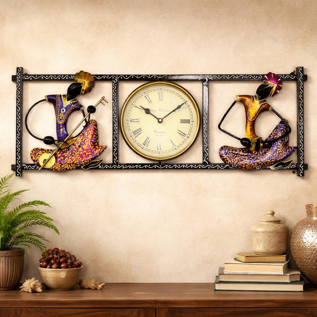 ROYAL CRAFTS Handcrafted Rajasthani Musician Wall Clock Metal Decorative Wall Hanging with Tribal Art Design for Living Room Home Décor (12 x 10 x 2 Inches) 4