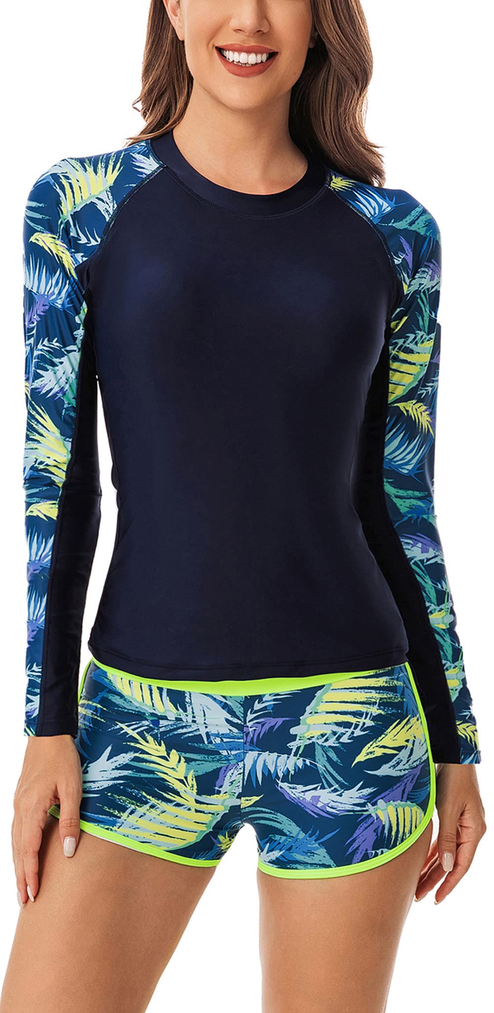 SEAUR Traje de baño floral de dos piezas para mujer, camisa de manga larga con cremallera completa, traje de surf con parte inferior corta