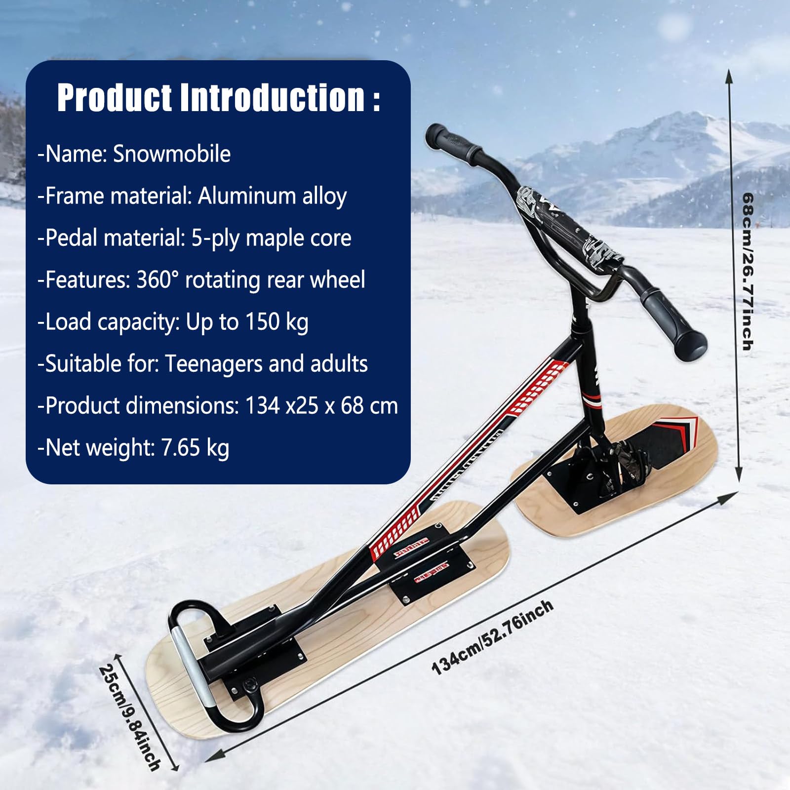 Monopattino da sci, leggero, girevole a 360°, telaio in lega di alluminio rinforzato, design a doppia tavola per sport sulla neve, adatto per adulti e ragazzi