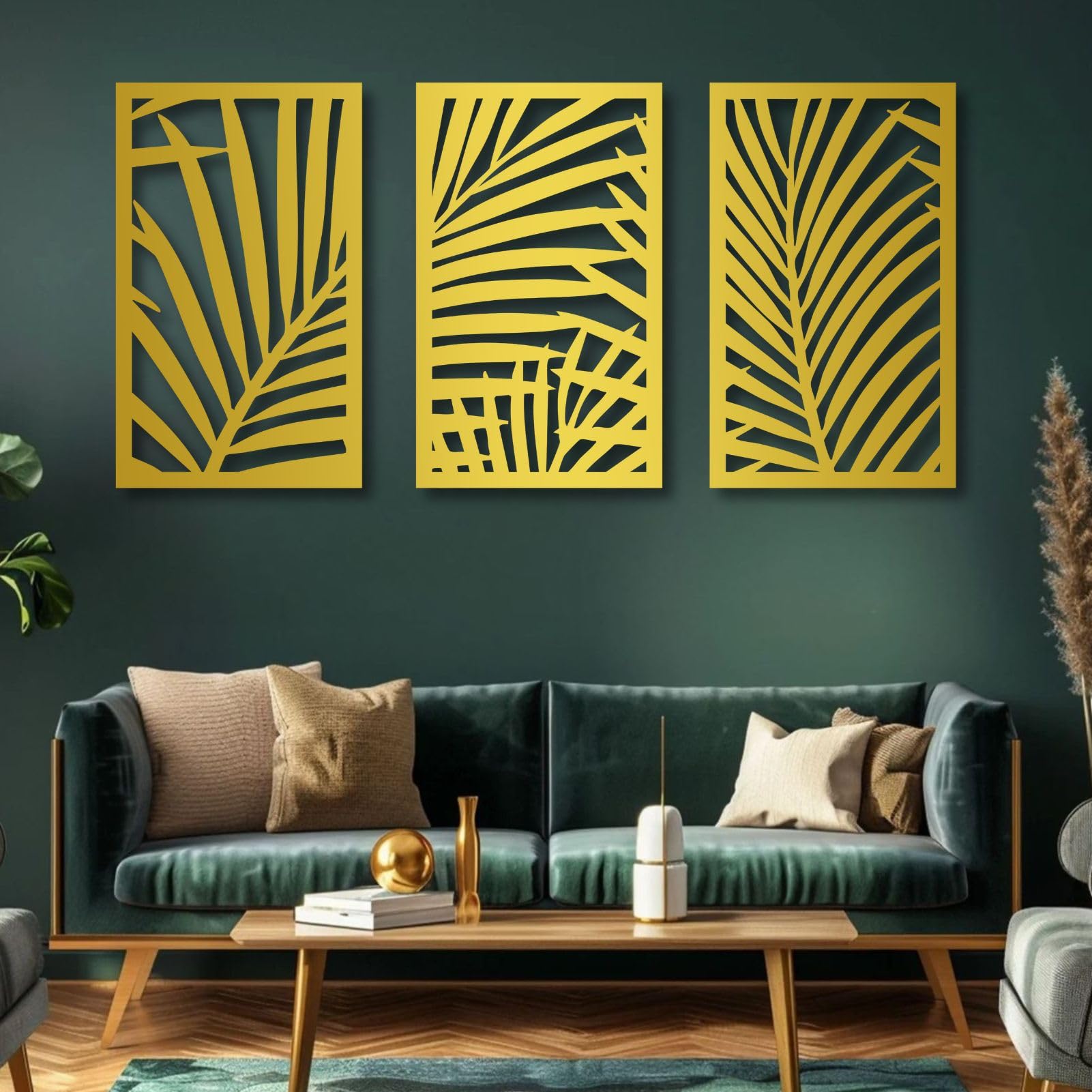 Décoration Murale en métal, Motif Feuille de Palmier, Plantes Tropicales, Style bohème, pour Salon, Chambre, Salle de Bain, Bureau (Argent, 150 x 91 cm x 3 pièces)