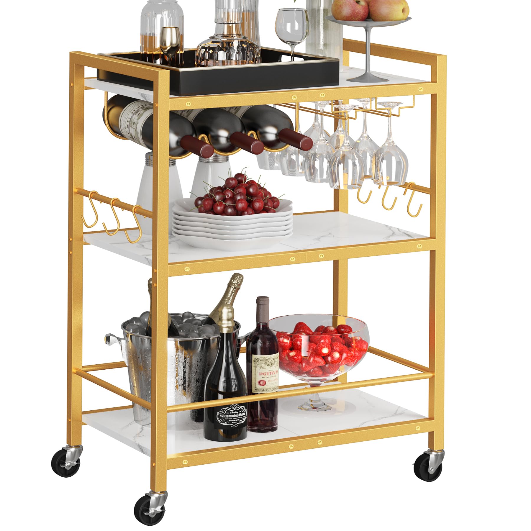 TUTOTAK Bar Cart - Serving Cart for Home - Microwave Cart, Drink Cart, Mobile Kitchen Shelf with Wine Rack and Glass Holder, Rolling Beverage Cart BC01BMG030