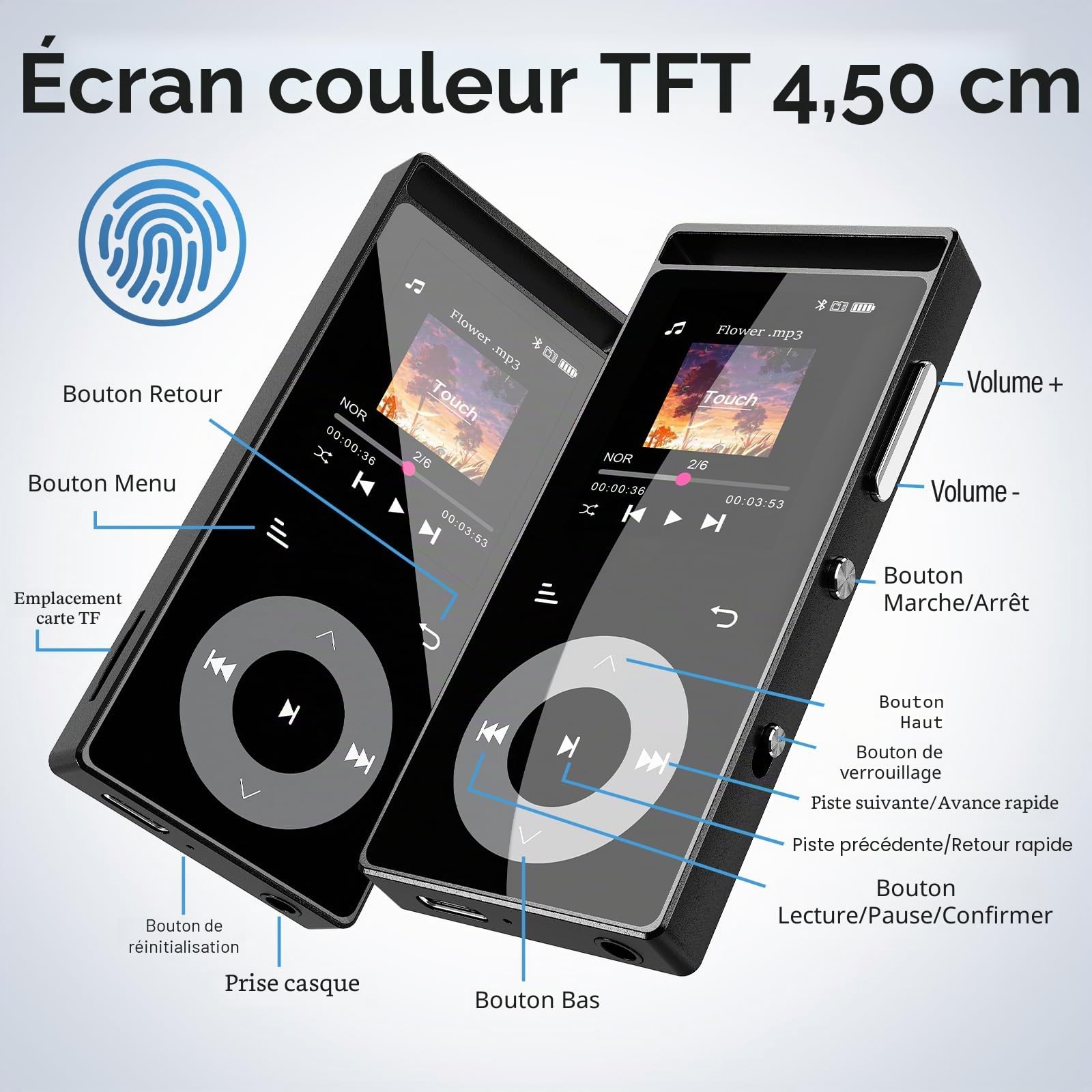 Lecteur Mp3 Bluetooth 5.3 Son HiFi, Boutons Tactiques, Structure Métall, Écran Couleur, Extension 128Go, Écouteurs Inclus Noir