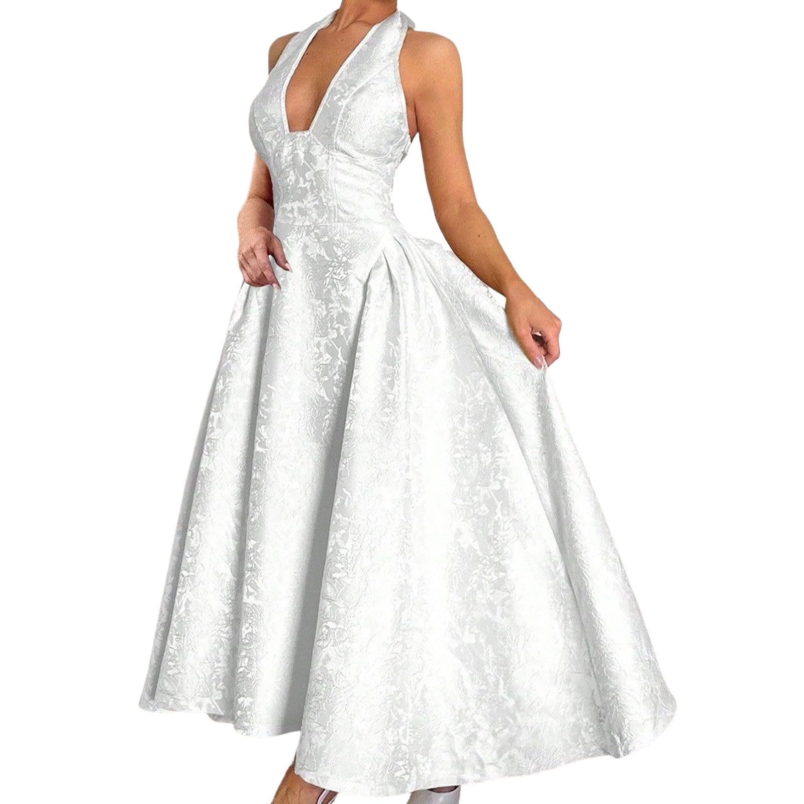 Vestido de noche para mujer, sin mangas, cuello en V, vestido de dama de honor con estampado jacquard 3D, vestido de cóctel, vestido maxi, línea A, vestido largo envolvente, vestido de fiesta