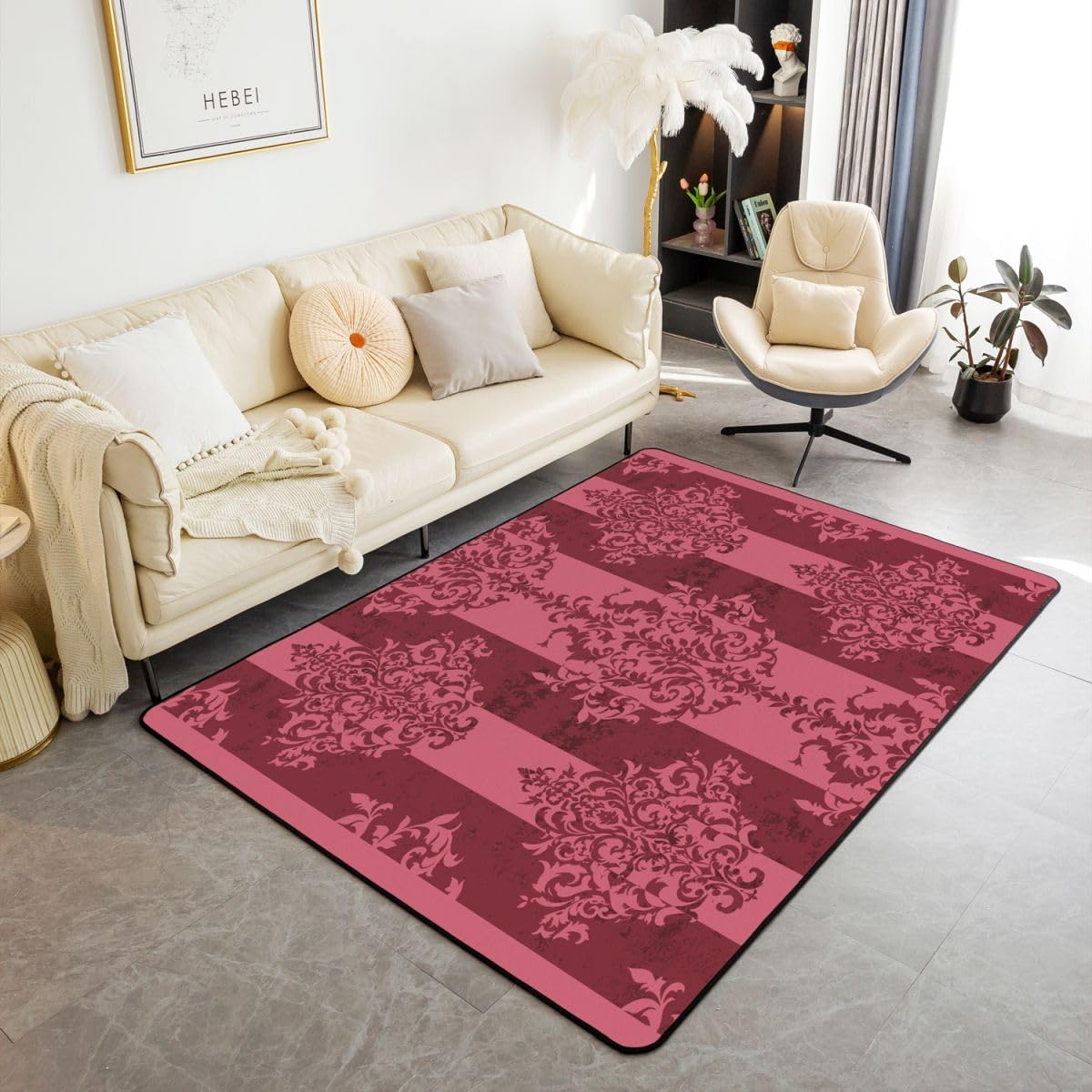Loussiesd Tapis Salon 100x150cm Gothique Damask Tapis Chambre Exterieur Intérieur Rouge Striped Vintage Floral Modèle Antidérapant,Doux Victorian Baroque pour Salon et Chambre Jacquard Lavable