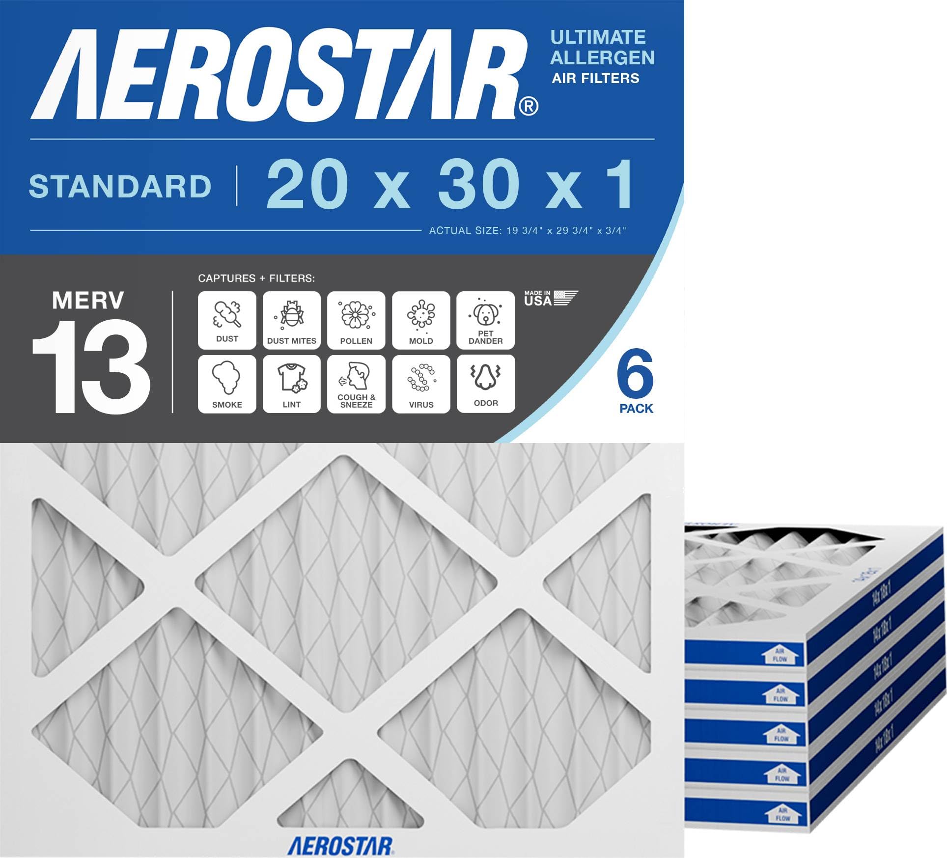 Aerostar 20x30x1 MERV 13 Air Filter, 6 Count, ACTUAL SIZE (19.75 x 29.75 x 0.75 ), HVAC, Air Conditioning & Furnace Filter for Allergies, Dust, Pet