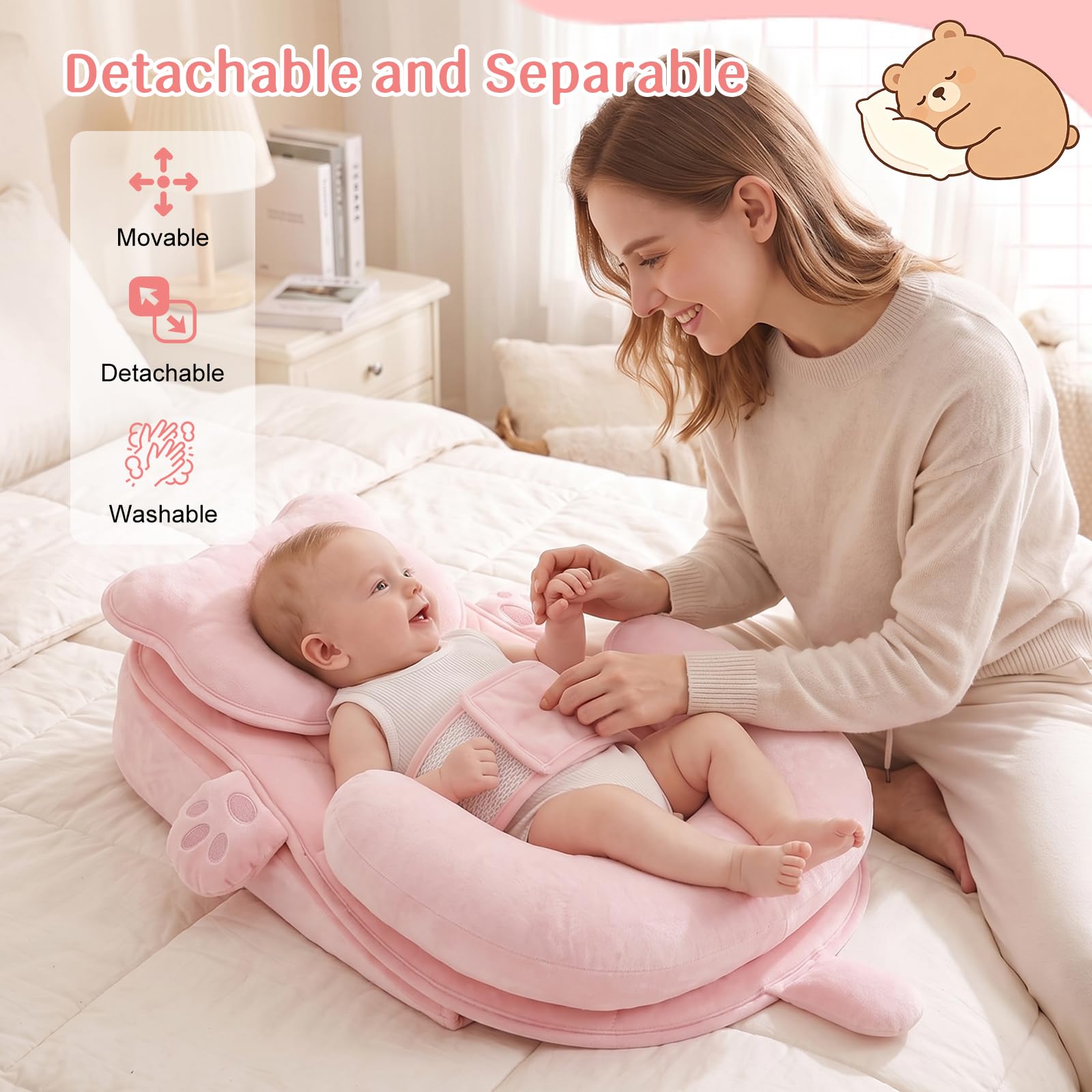 OKYUK Poduszka wspierająca karmienie piersią, poduszka do karmienia niemowląt z regulowanym paskiem bezpieczeństwa, ergonomiczna poduszka do karmienia po porodzie, miękka pianka z pamięcią kształtu