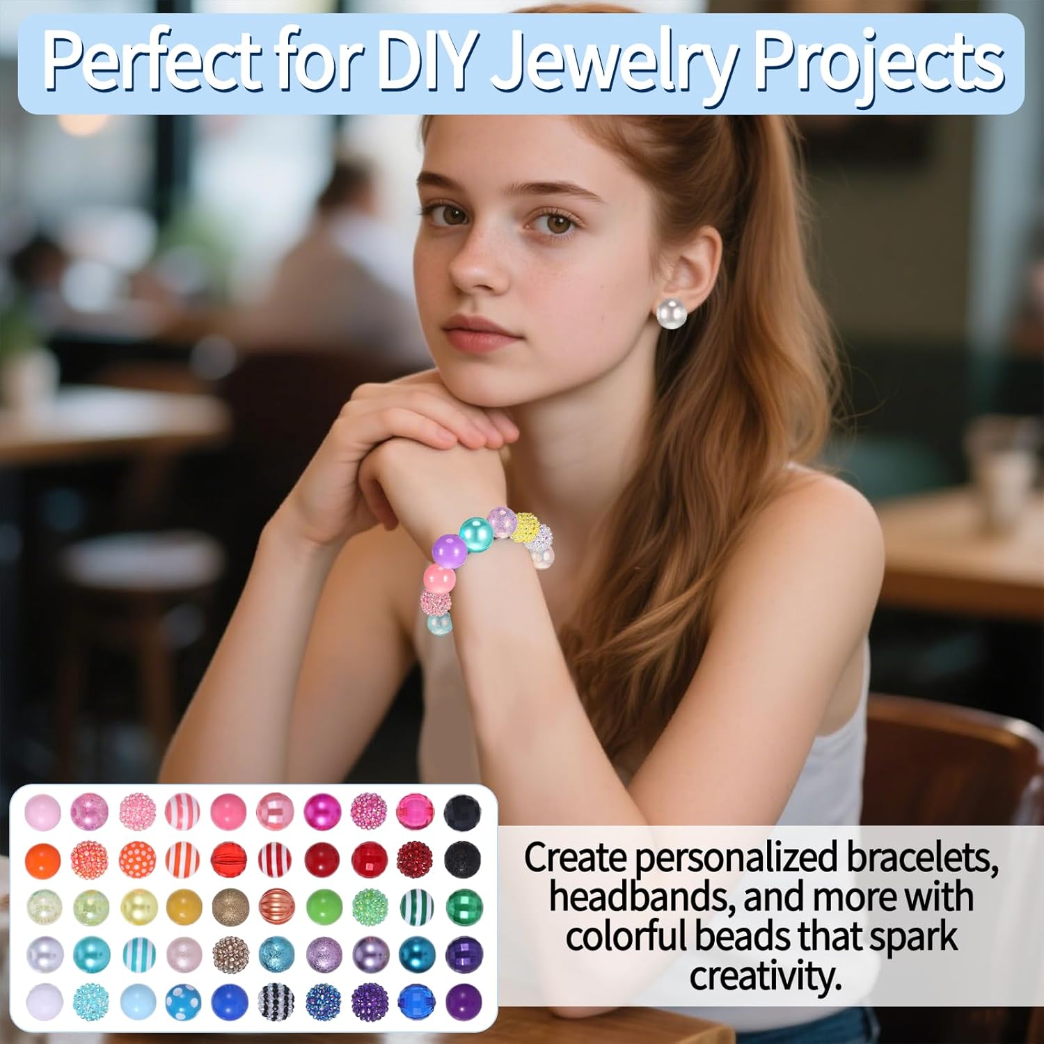 50Pcs 20mm Beads for Pens, Acrylic Bubblegum Rhinestone Beads for Jewelry Making, Craft Bead with Holes, Crystal Resin Chunky Large Mixed Bead Bulk for Pen Beadable Keychains Bracelets Necklace - Image 5