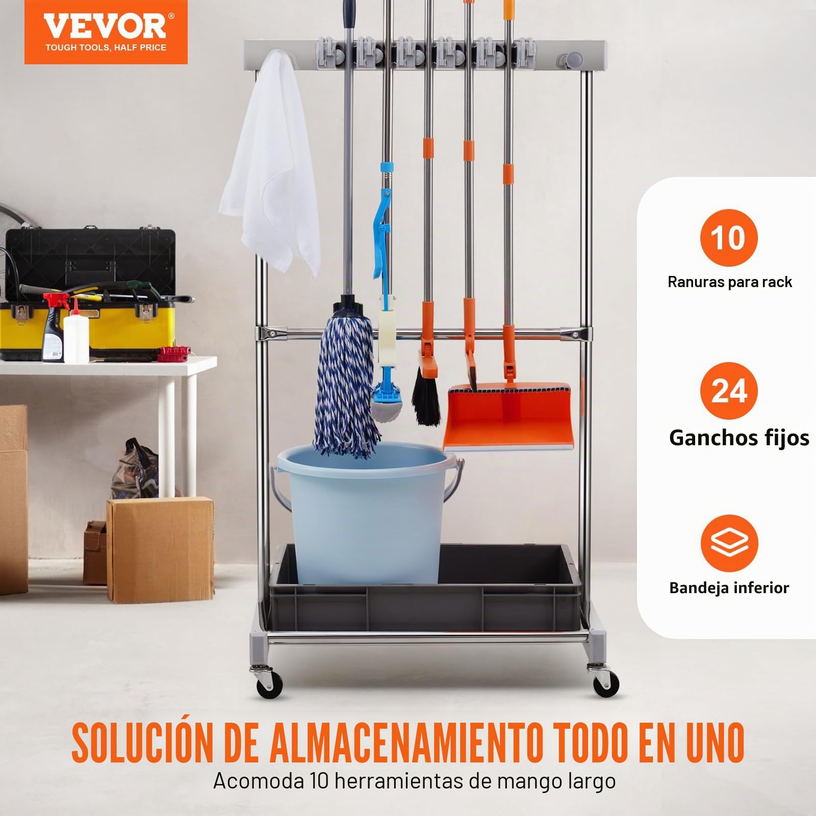 VEVOR Organizador para Herramientas de Garaje 10 Ranuras con Ganchos Soporte para Herramientas de Jardín de Metal PP con Ruedas para Organización de Herramientas, Rastrillos, Escobas de Mango Largo