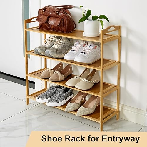Miniatura 5 de Zapatero de bambú de 4 niveles para armario, zapateros independientes, organizador apilable para zapatos, zapatero de madera de bambú para entrada y