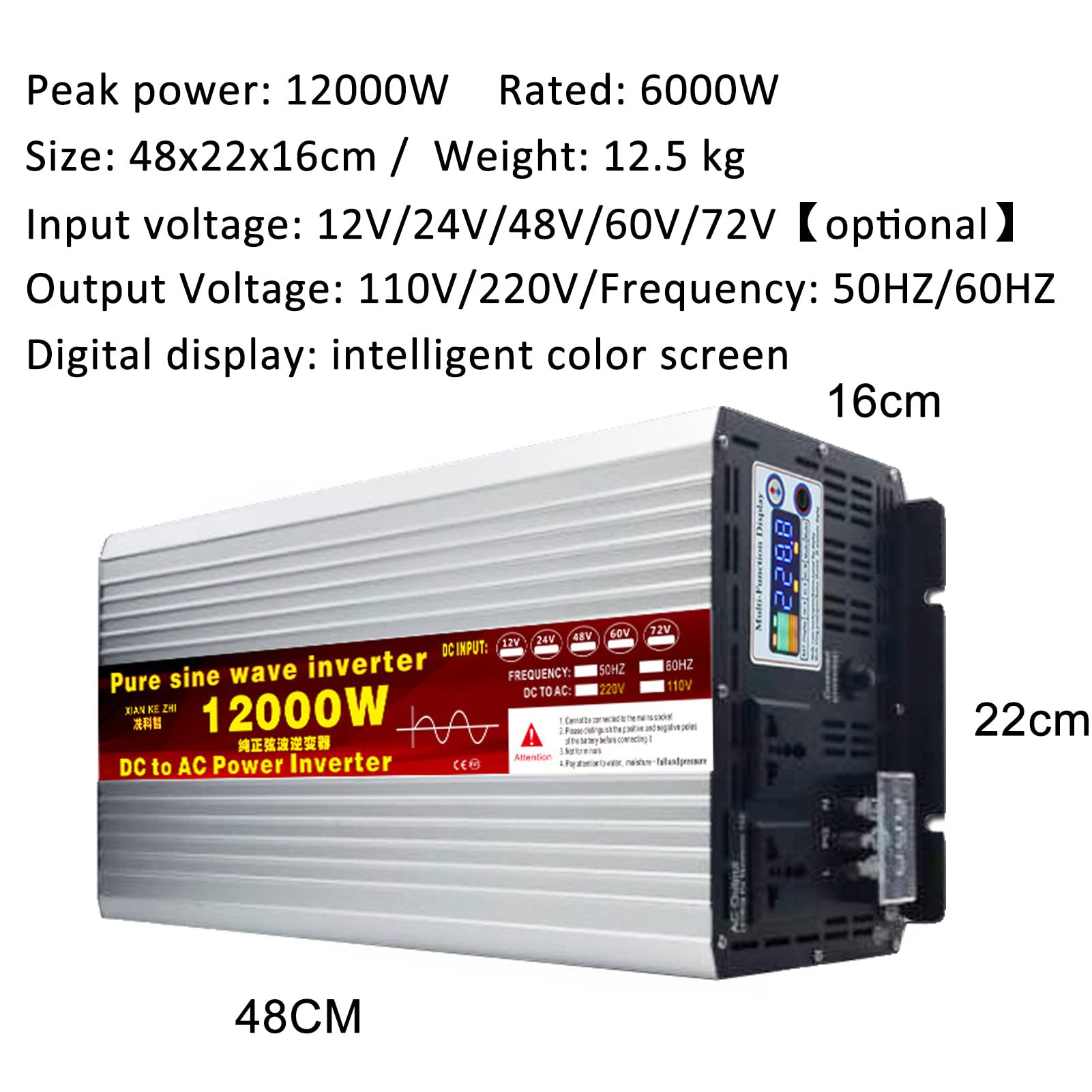 Falownik 12000 W Peak Pure Sinus, ładowarka DC 24 V 48 V 60 V do 120 V 220 V AC, z wyświetlaczem LCD, do domu, kampera, ciężarówki, 24 V-220 V