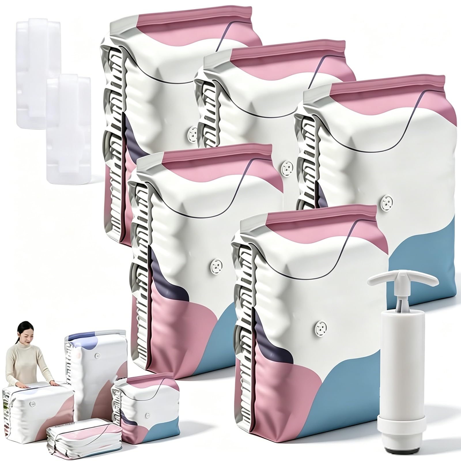 No‑pump Vacuum Storage Bags - 3-Sec Fast Compression, 80% Space Saving, Upgrade Reusable Large 3d Cube Vacuum Seal Bags, Keeps Clothes Dry &amp; Dust‑Free, Press &amp; seal，L/31.5 × 39.4 × 11.8 in：5Pcs