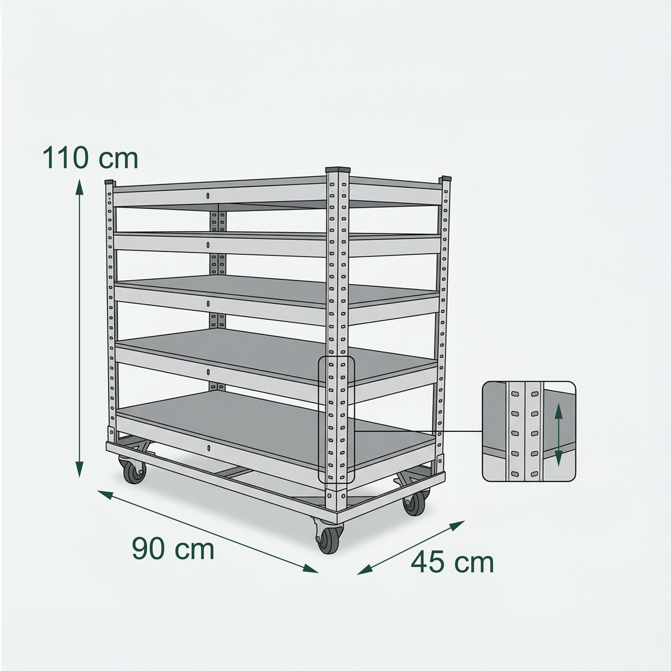 Relaxdays Carro de 5 Niveles, Ruedas con Freno, hasta 750 kg, HBT: 110x90x45 cm, Carro de Taller móvil, Acero, Plateado