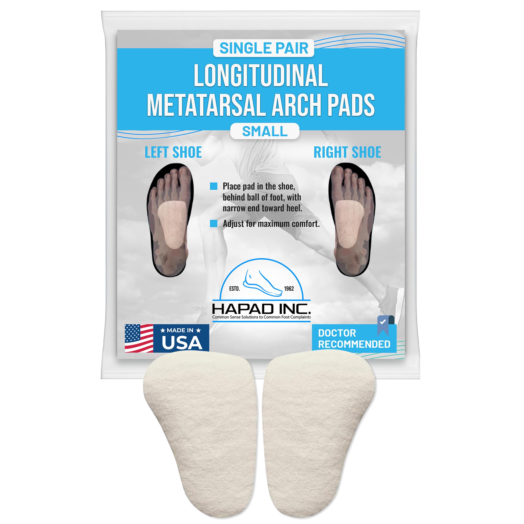 HAPAD Longitudinal Metatarsal Arch Support Inserts for Women & Men, Small 3/8 (Pack of 1) - Adhesive Arch Support Pads, Metatarsal Pads, Shoe Insoles