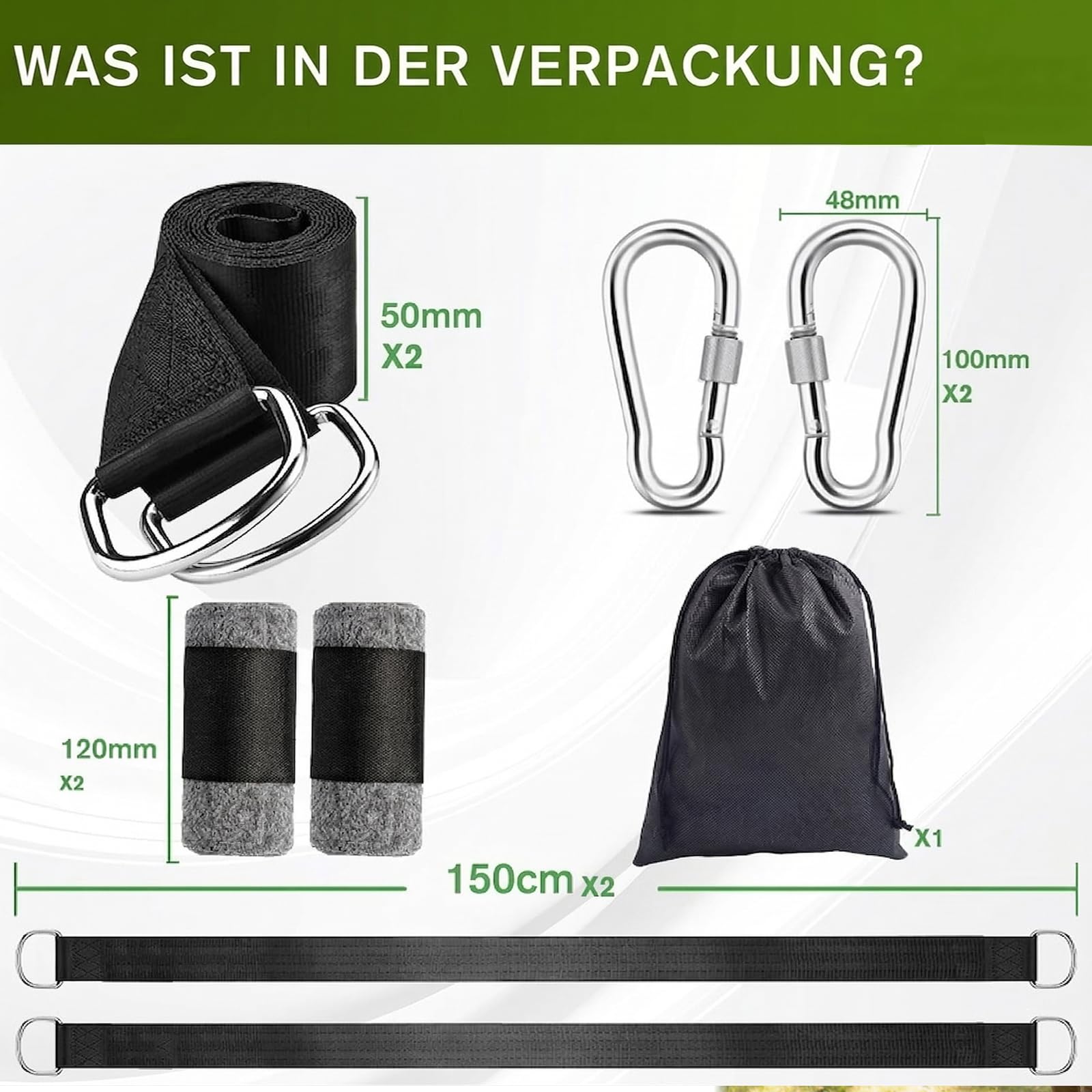 Kit di Montaggio per Altalene e Amache 900 kg Set Completo da 2 Pezzi con Cinghie da 150 cm, Anelli a D, Moschettoni, Protezioni per Alberi e Sacca di Trasporto Uso Universale per Giardino ed Esterni