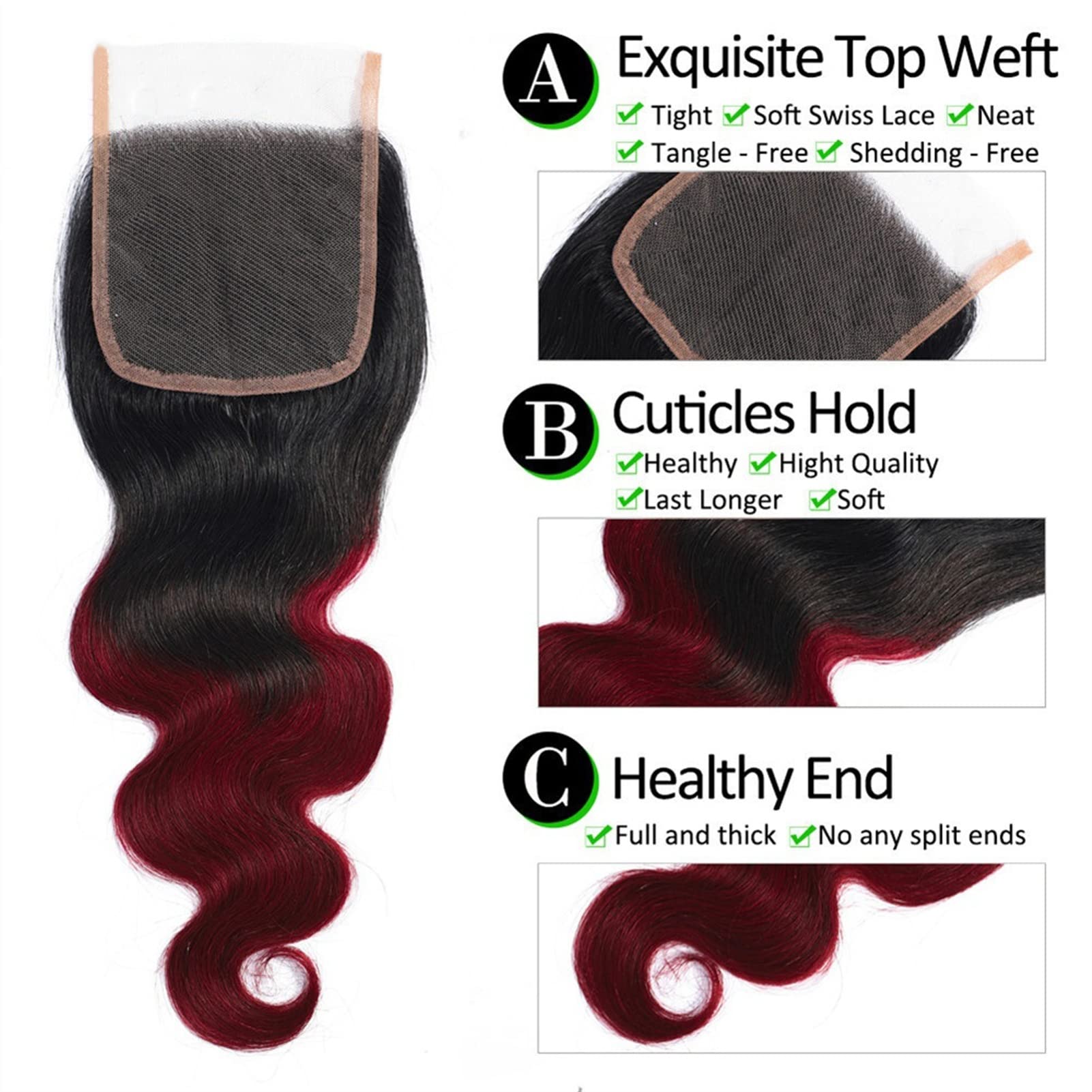 Hair Extensions Body Wave Ombre fasci di chiusura 1B/99J Two Tone Human Hair Weave Borgogna brasiliana Borgogna 3/4 fasci con chiusura di pizzo Remy Hair Weave Extensions Extension Capello Umano(28 28
