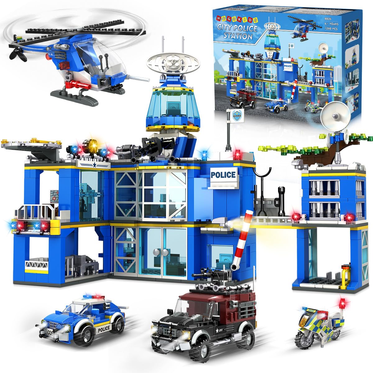 HOGOKIDS Polizeistation Bausatz – City-Polizei Baustein-Spielzeug für Jungen mit Hubschrauber, Motorrad, Auto Pädagogisches Konstruktionsspielzeug Kreativ-Geschenk für Kinder Jungen ab 6-10+ Jahren
