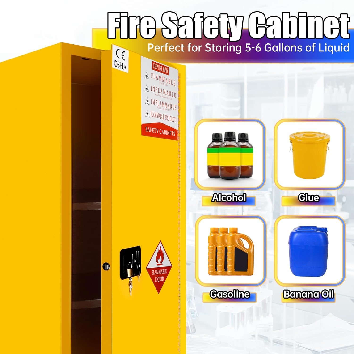 22-Gallon Flammable Storage Cabinet, Yellow, with 2-inch deep Leak-Proof Slots and Adjustable Shelves, 64.9'Hx23.22'Dx18.11'W, Suitable for Factories, Laboratories, Schools and Other Places