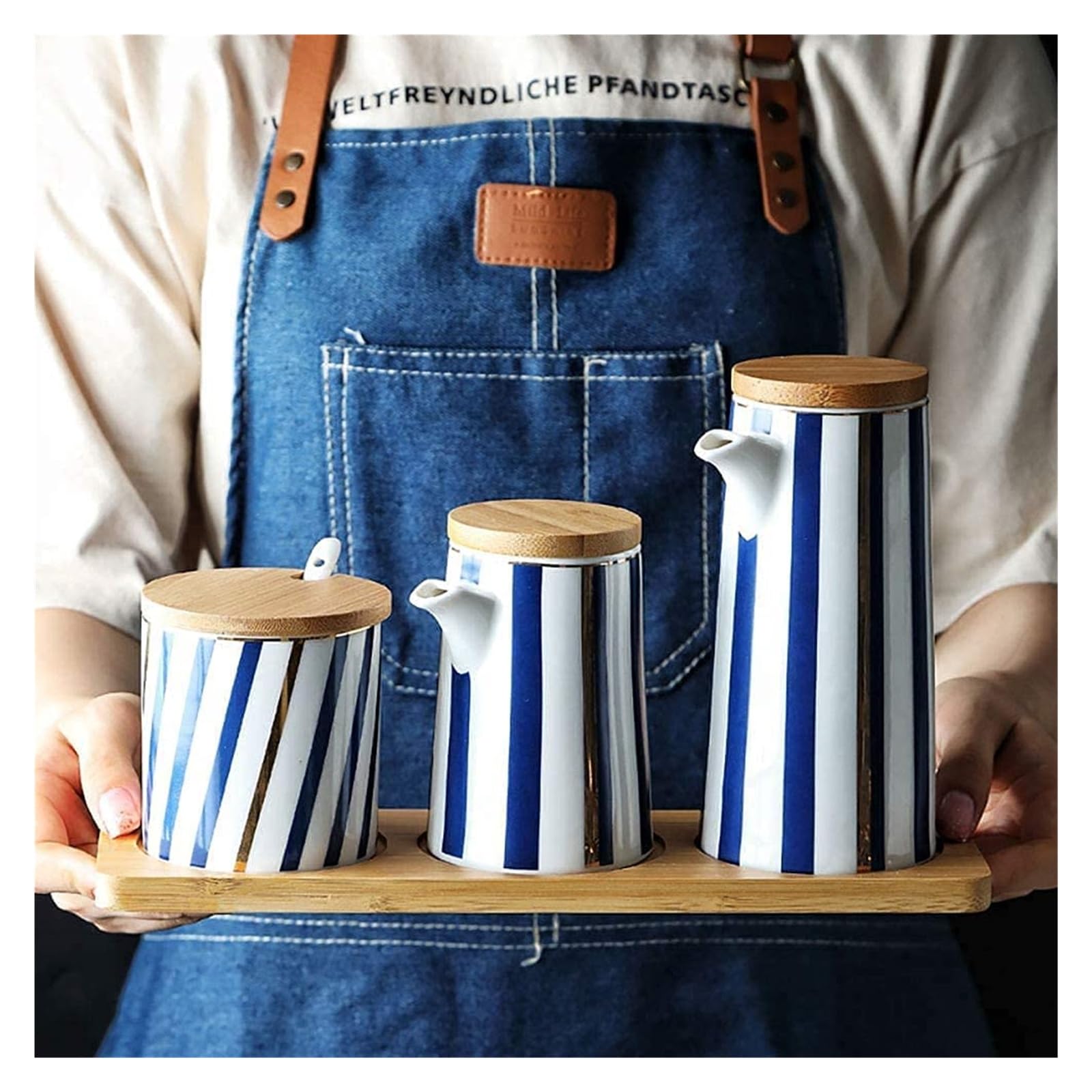 Set Olio e aceto Dispenser for Olio e aceto, 2 Confezioni di aceto for Olio con Pallet in Legno, Set di aceto for Olio da Cucina in Ceramica Oliera