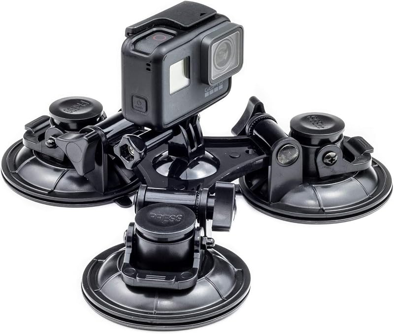 Triple Suction Cup Action Camera Car Mount | Compatible with GoPro Lit Hero 13 12 11 10 Max 2, DJI Osmo Action, Akaso, Apeman - Strong Grip, Adjustable Multi-Angle Camera