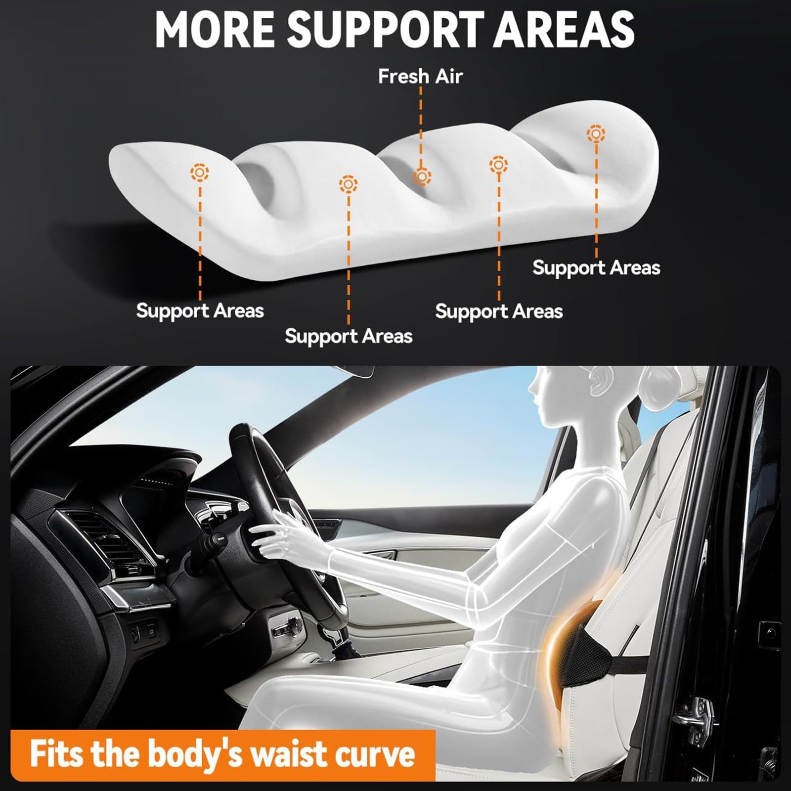 Cuscino Lombare Auto in Memory Foam, Supporto Lombare Regolabile con Cinghia, Copertura Lavabile per Auto, Ufficio e Casa, Comfort Duraturo