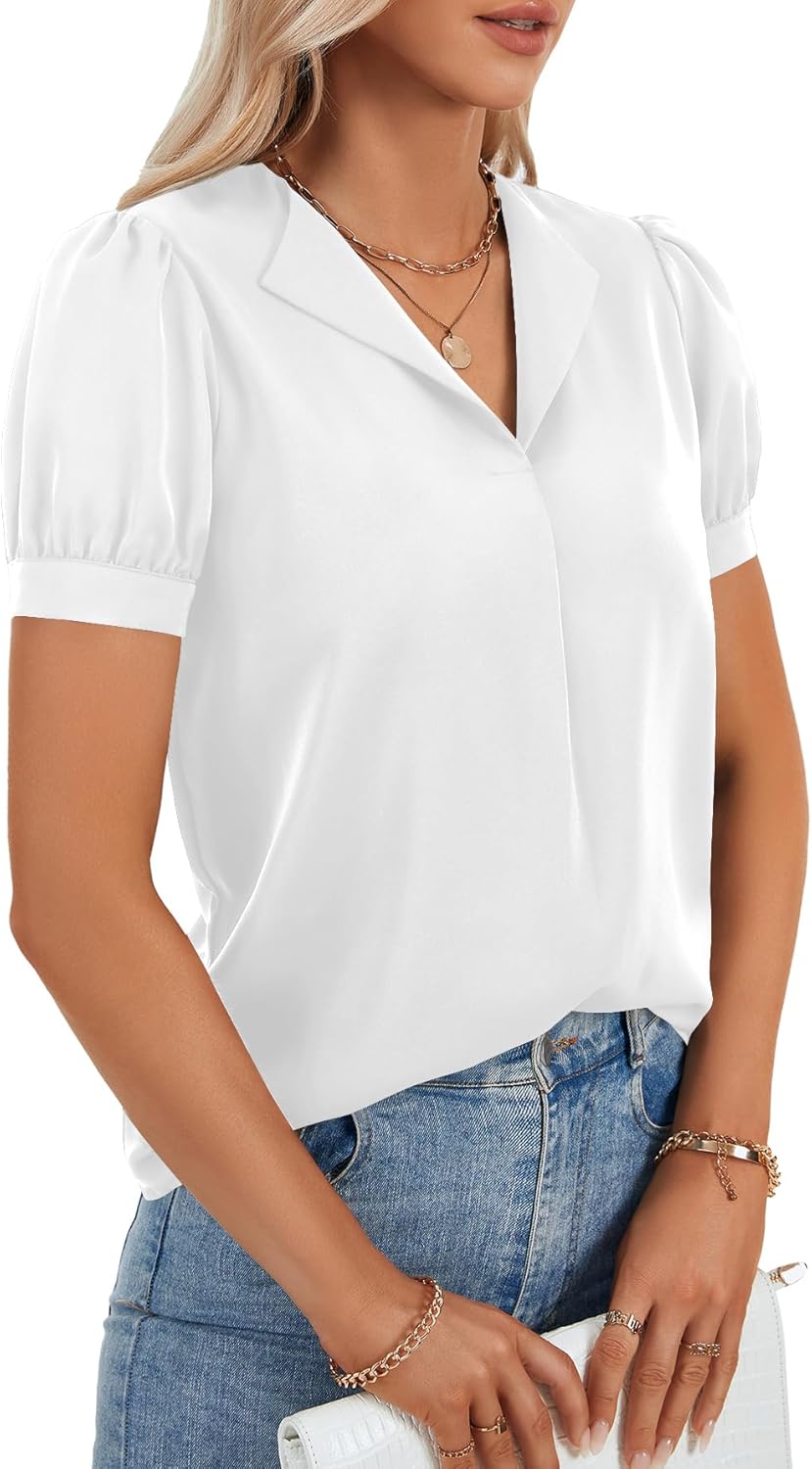 Rooscier Women's V Neck Puff Short Sleeve Casual Business Work Blouse Top Shirt - Image 4