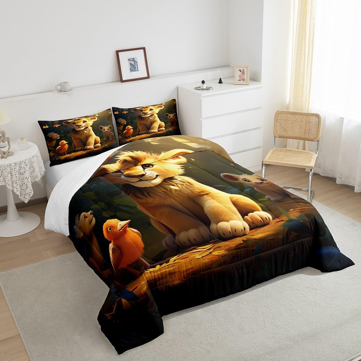 Feelyou Cute Lion Bedding Set Full Size 3D Print Comforter Set for Kids Teens Bird Comforter Wild Animal Quilt Set 3Pcs