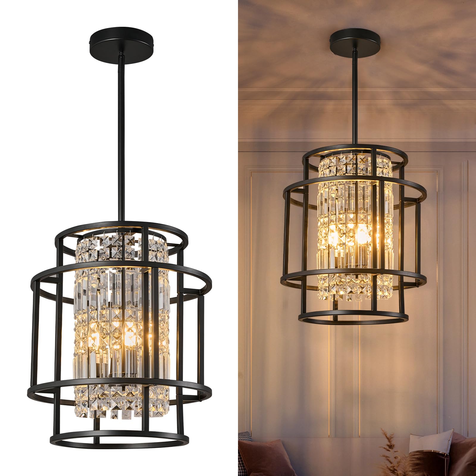 Farmhouse Rustic Round Chandelier Black Metal Decorative Crystal Pendant Light Antique Ceiling Lamp for Dining Room, Living Room, Bedroom, Kitchen Island and Foyer