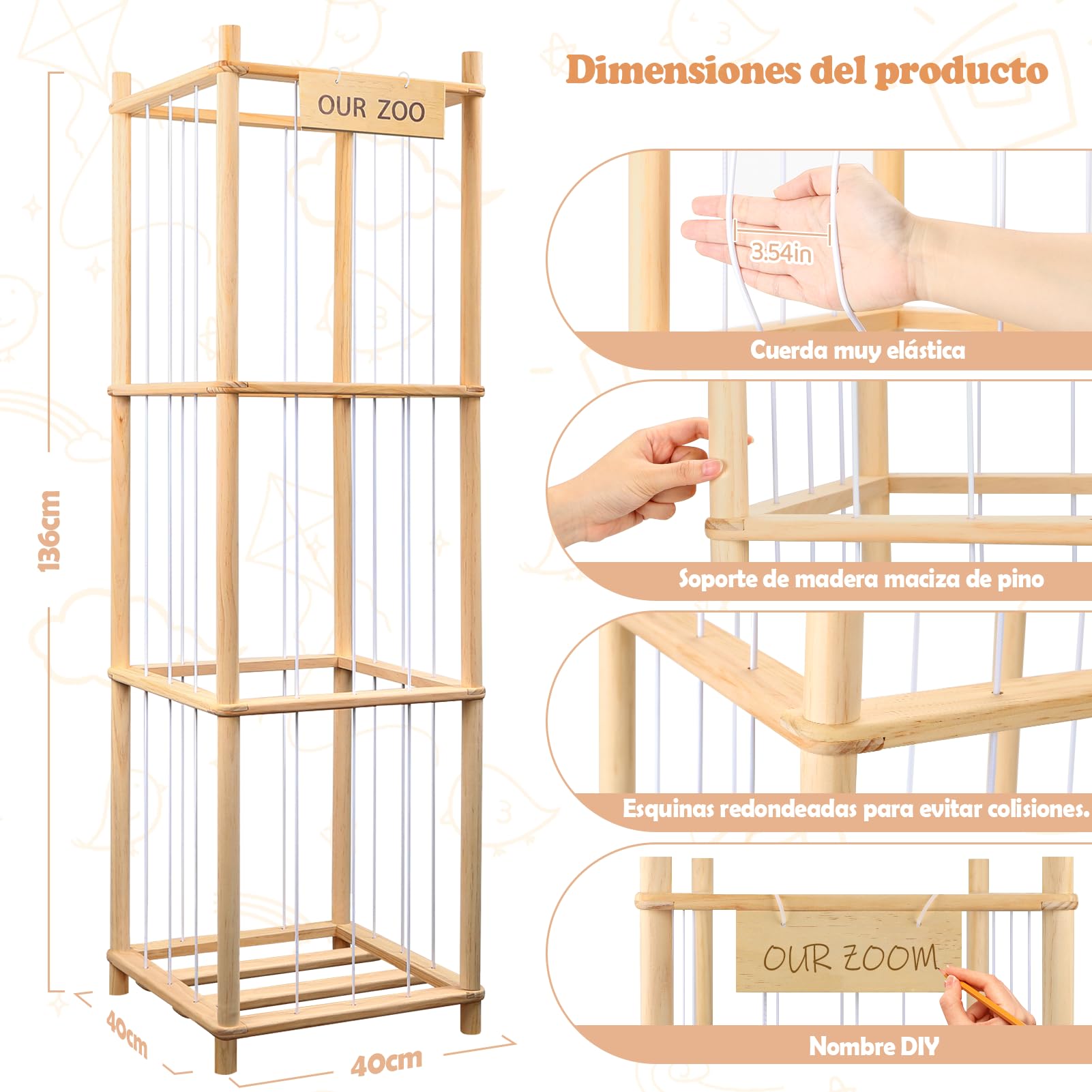 Organizador de Peluches, Gran Capacidad (136x40x40 cm), Ahorro de Espacio en Madera para Niños, Habitación, Sala de Juego, Dormitorio, Sala de Estar