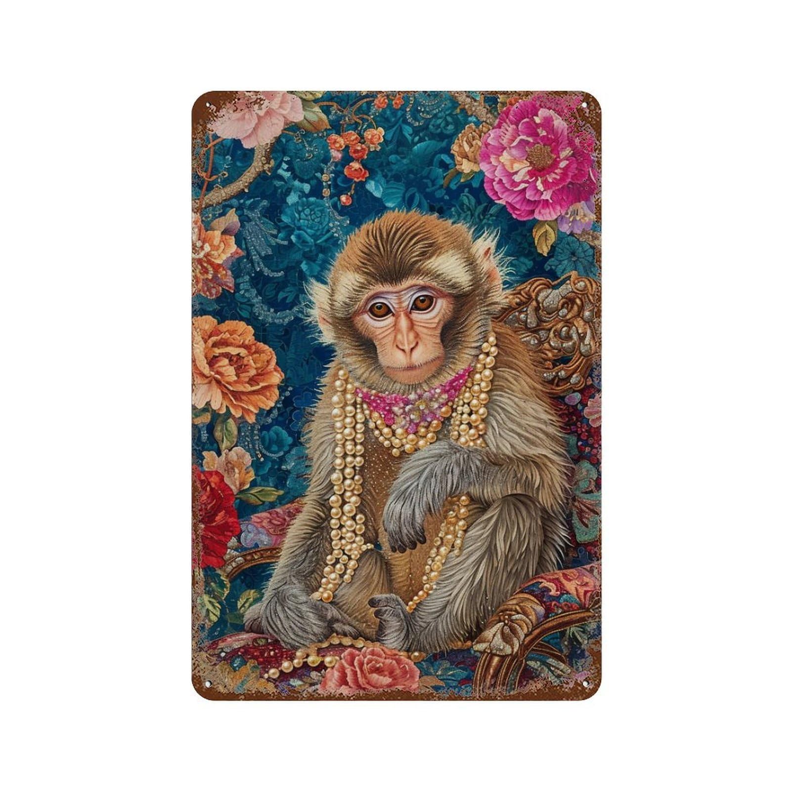 Rust Effect Tin Sign Royal Monkey with Pearls 11.8"x7.9", Vintage Wall Decor for Living Room, Hallway And Home Decor