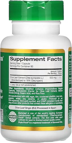 Miniatura 2 de Extracto de hoja de olivo 500 mg, 18% de oleuropeína, procesado en España, calidad europea probada por terceros, 60 cápsulas vegetarianas,