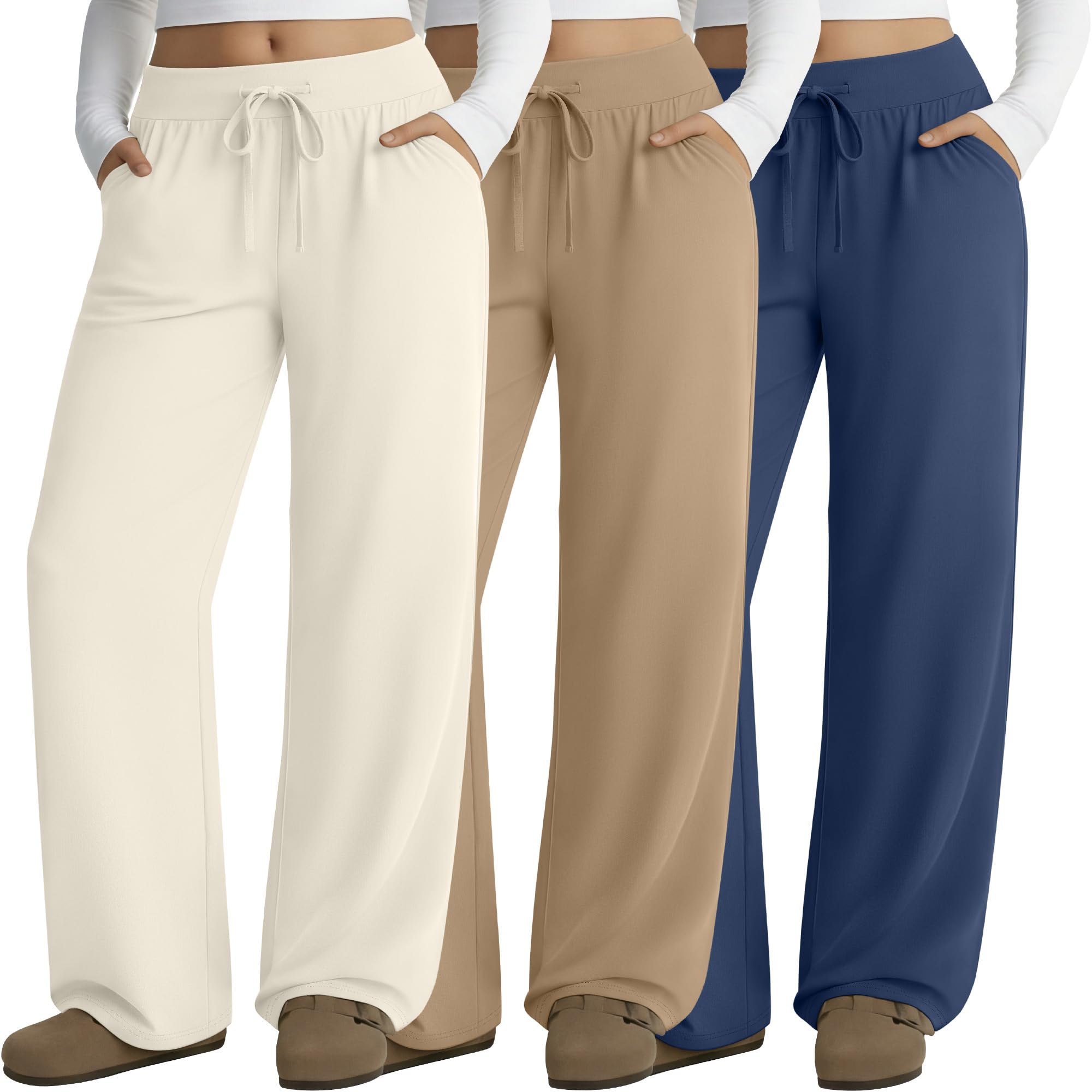 Neer Pack de 3 Pantalones de Loungewear para Mujer de Talla Grande, Pantalones de Yoga de Pierna Ancha con Bolsillos