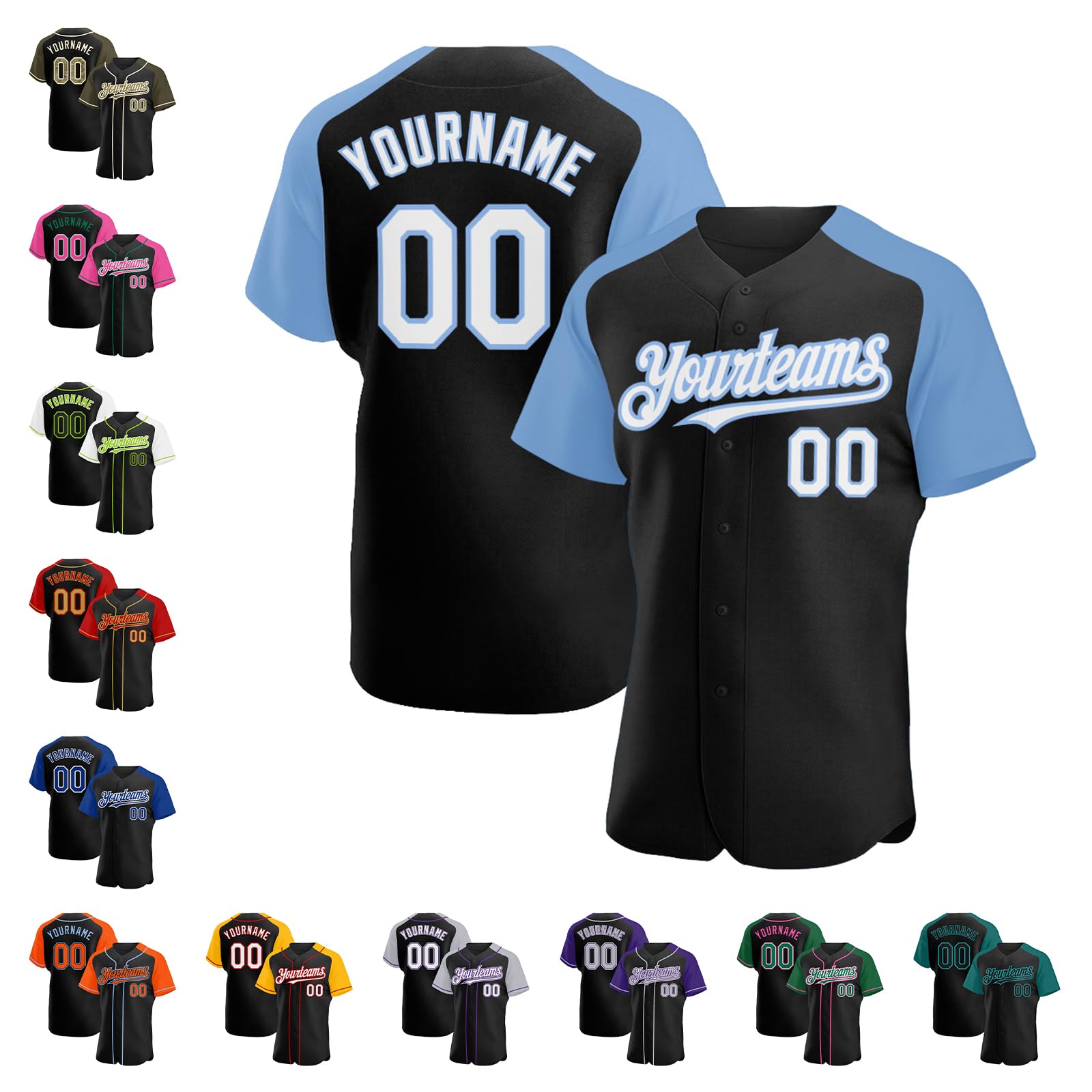 Custom 90s Baseball Jersey Button Down Short Sleeve Baseball Shirts Basic Short Sleeve Personalized Black Light Blue Two Tone Baseball Uniform Stitched Name Number Softball Jersey for Men Women Youth