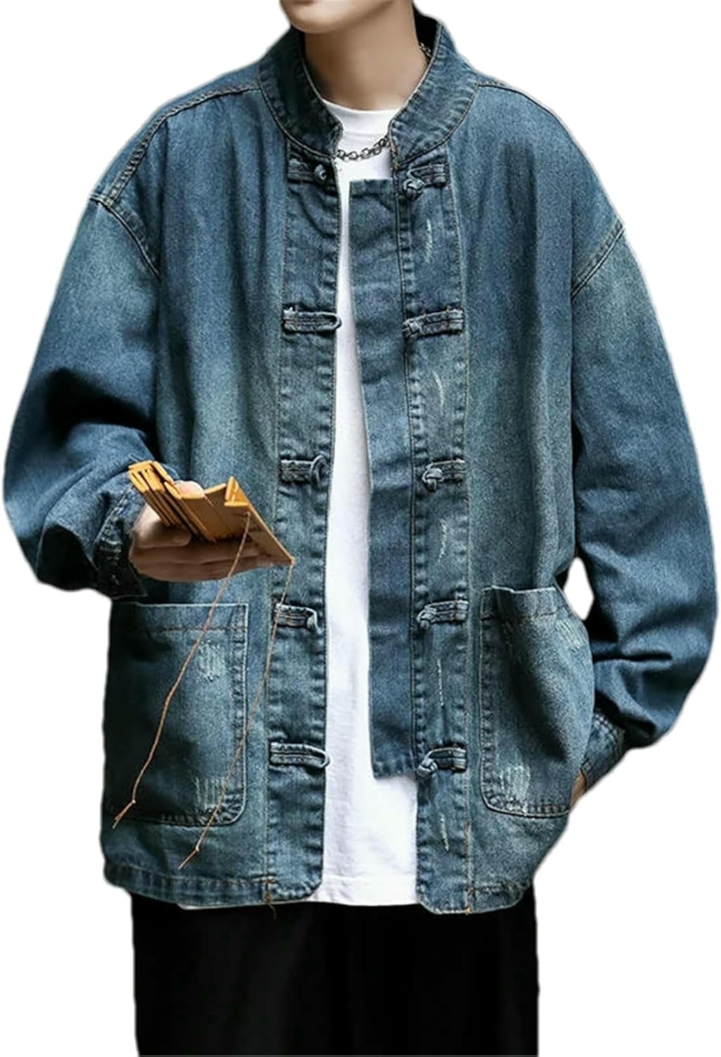 Men’s Denim Tang Suit Jacket Vintage Chinese Style Mandarin Collar Coat Frog Button Closure Jeans Streetwear Jacket