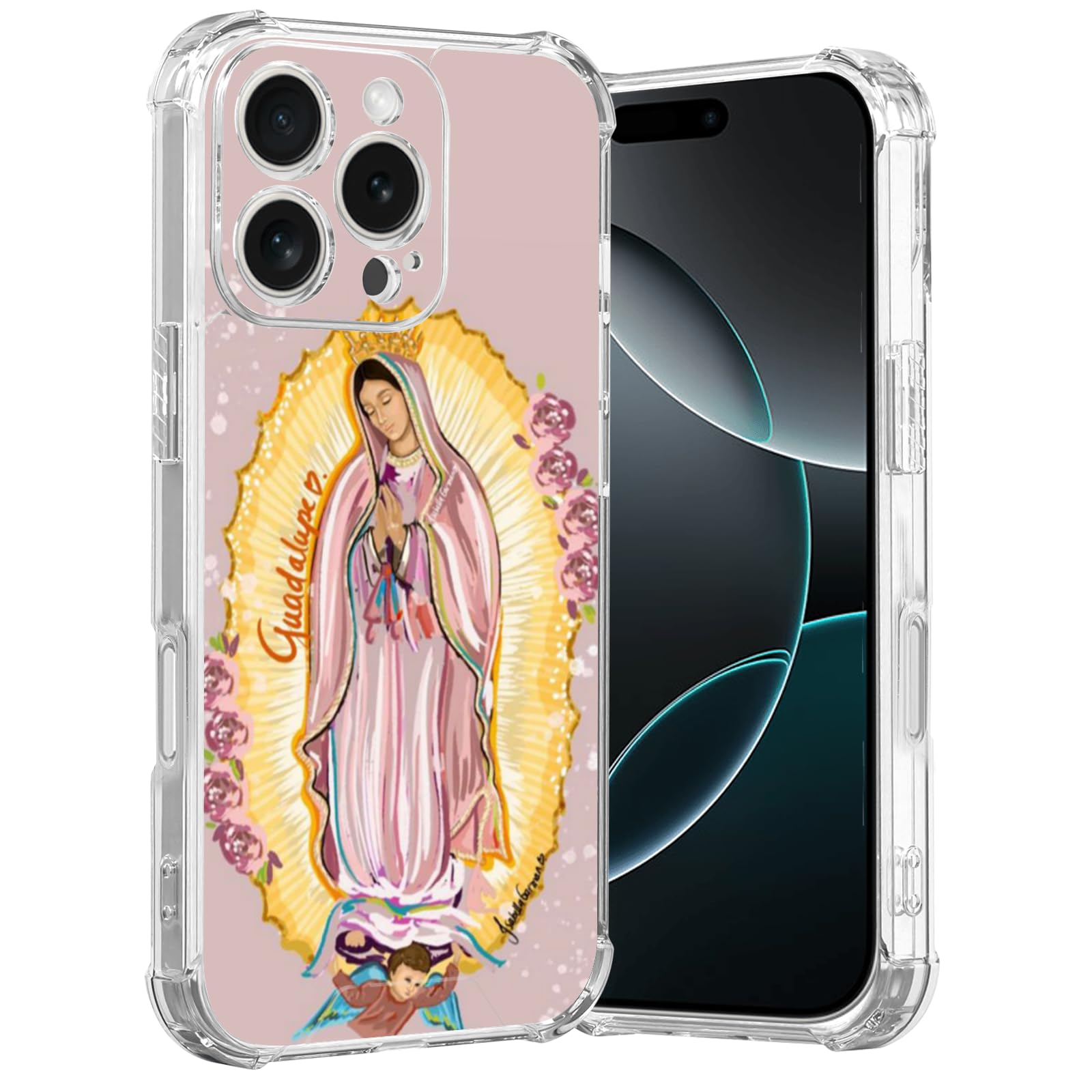 MMYAJT Flesh Virgencita Phone Case Fit for iPhone 16 Pro —Wireless Charging Shockproof Clear Mexico Virgen de Guadalupe Phone Cover Gift for Boy Girl