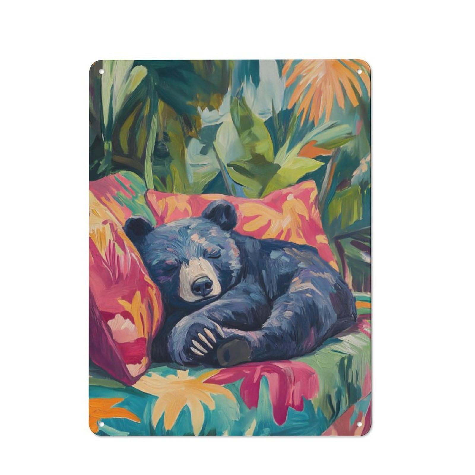 Junmoney Sleeping Bear In Tropical Paradise Metal Wall Sign 40X30cm Featuring For Garage Or Workshop, Suited To Diy Enthusiasts
