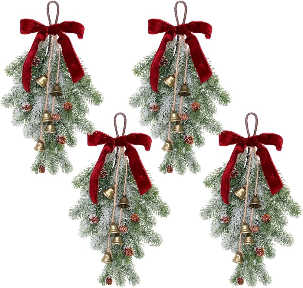 4pack christmas teardrop swags with pine cones velvet bow artificial snow pine decorative xmas greenery hanging garland for front door window wall stairs xmas decor (4, wine red) 4 wine red