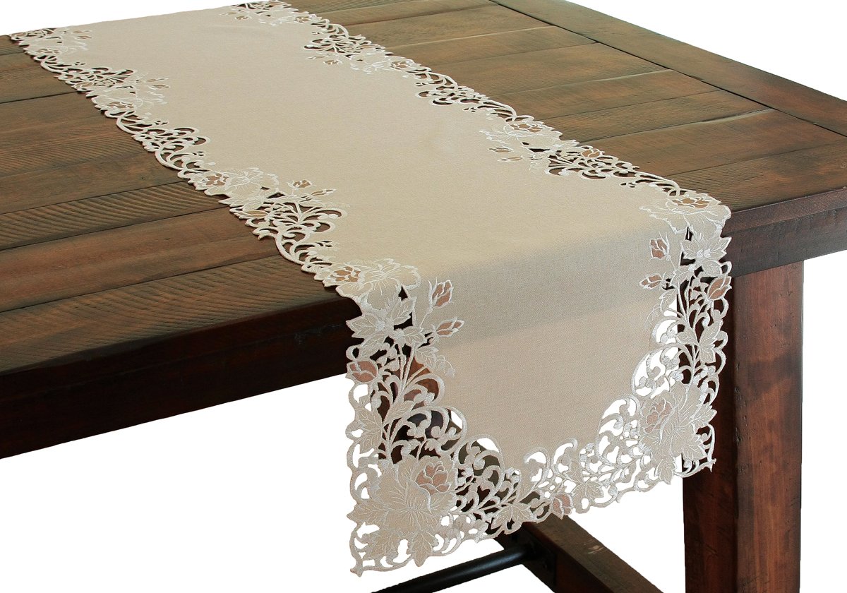 Xia Home Fashions Scrolling Rose Embroidered Cutwork Floral Table Runner, 15 by 54-Inch, Taupe